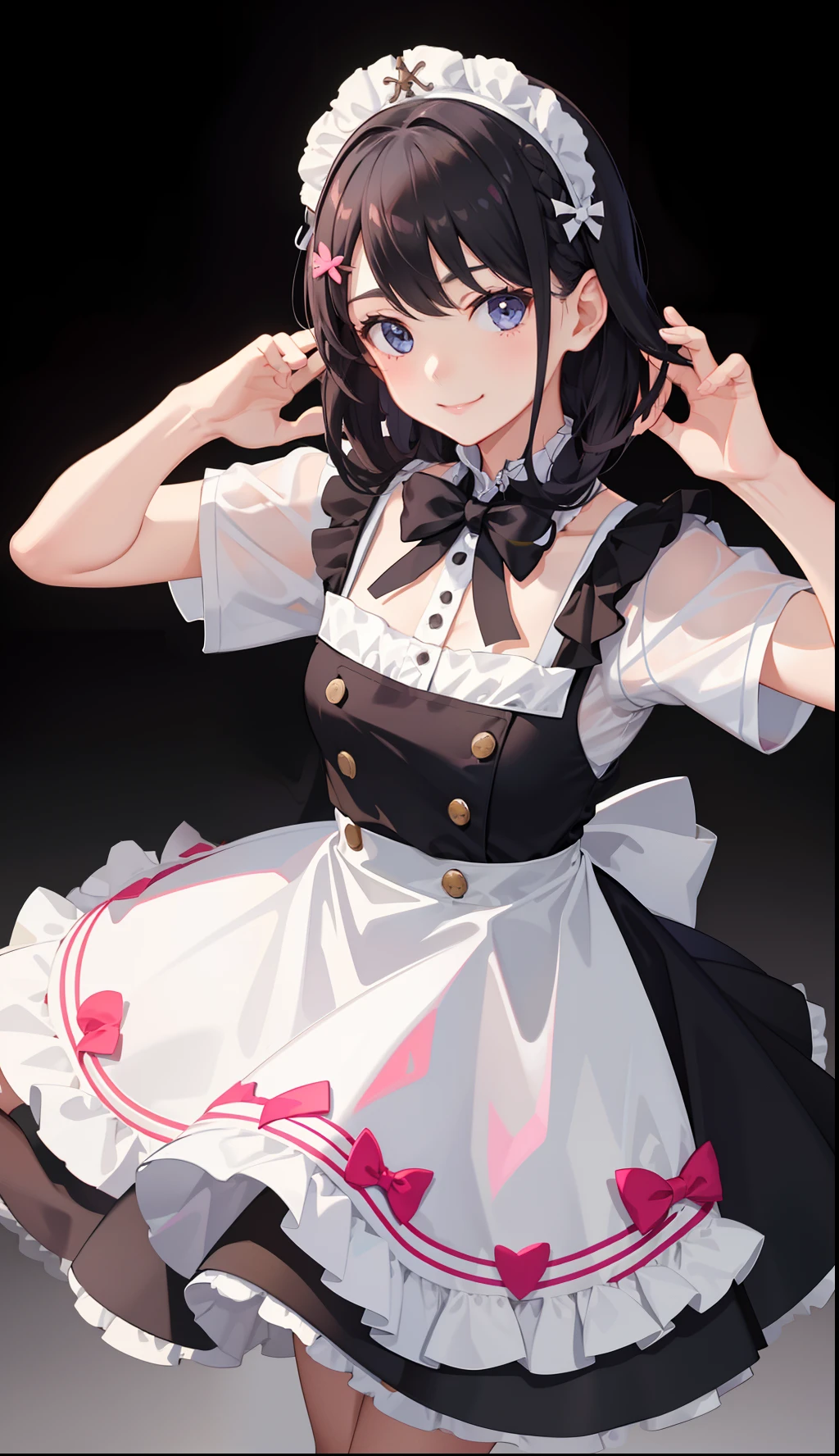 1girl in、A smile、A delightful! pinafore、doress、hair adornments、Maids(small tits)