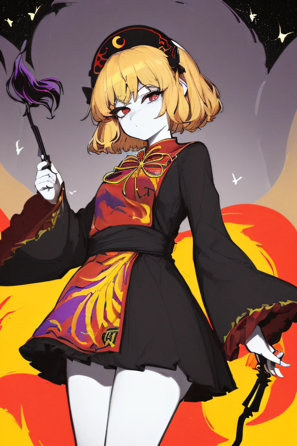 (masterpiece, best quality), Junko (Touhou, 1 woman, solo, ((short hair, blonde hair, black suit)),white background, standing, flat color, red eyes, cane, black and white butterflies, rich color, sky scraper, city background 1 woman milf, solamente, Junko \(Desear\), Cabello corto, cabello rubio, ojos rojos, Sombrero negro, vestido negro, mangas largas, tabardo, mirada seria, Mirando al espectador, En pie, brazos a la espalda, Colas espectrales, purple fire, Espacio, Estrellas, pechos grandes, caderas perfectas.