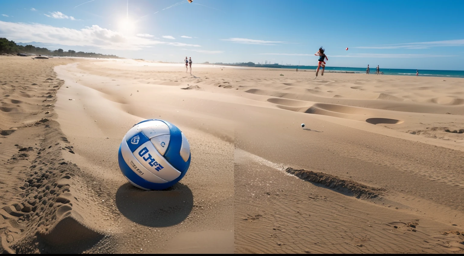 On a sandy beach,A volleyball drops from the sky,Hit the sand bullet up,And then fly into the distance,。