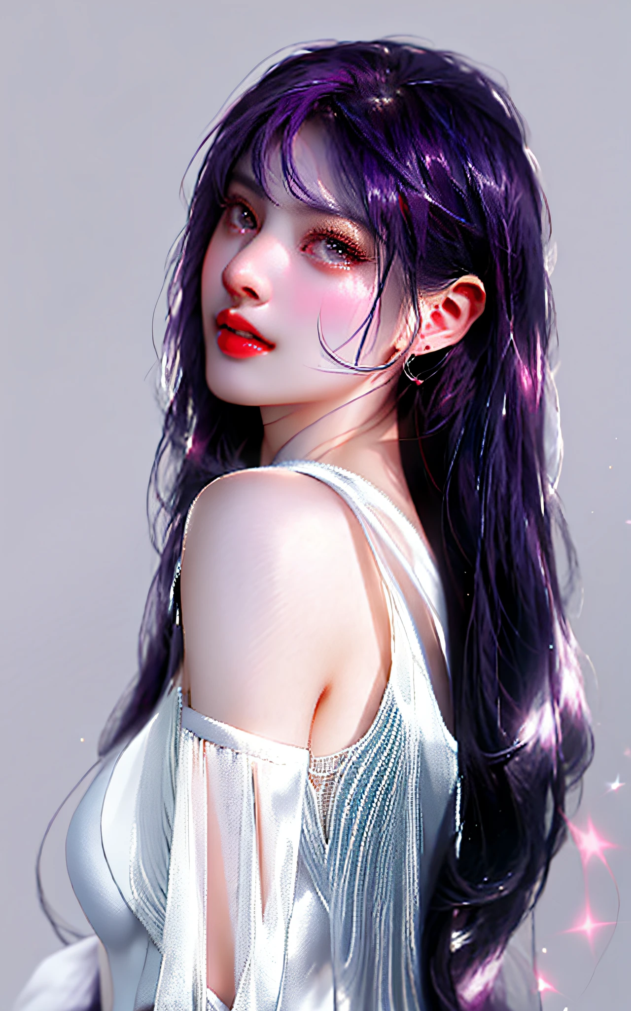 Beautiful woman in white，Asian people，with fair skin，Delicate facial features，Redlip，Purple colored hair