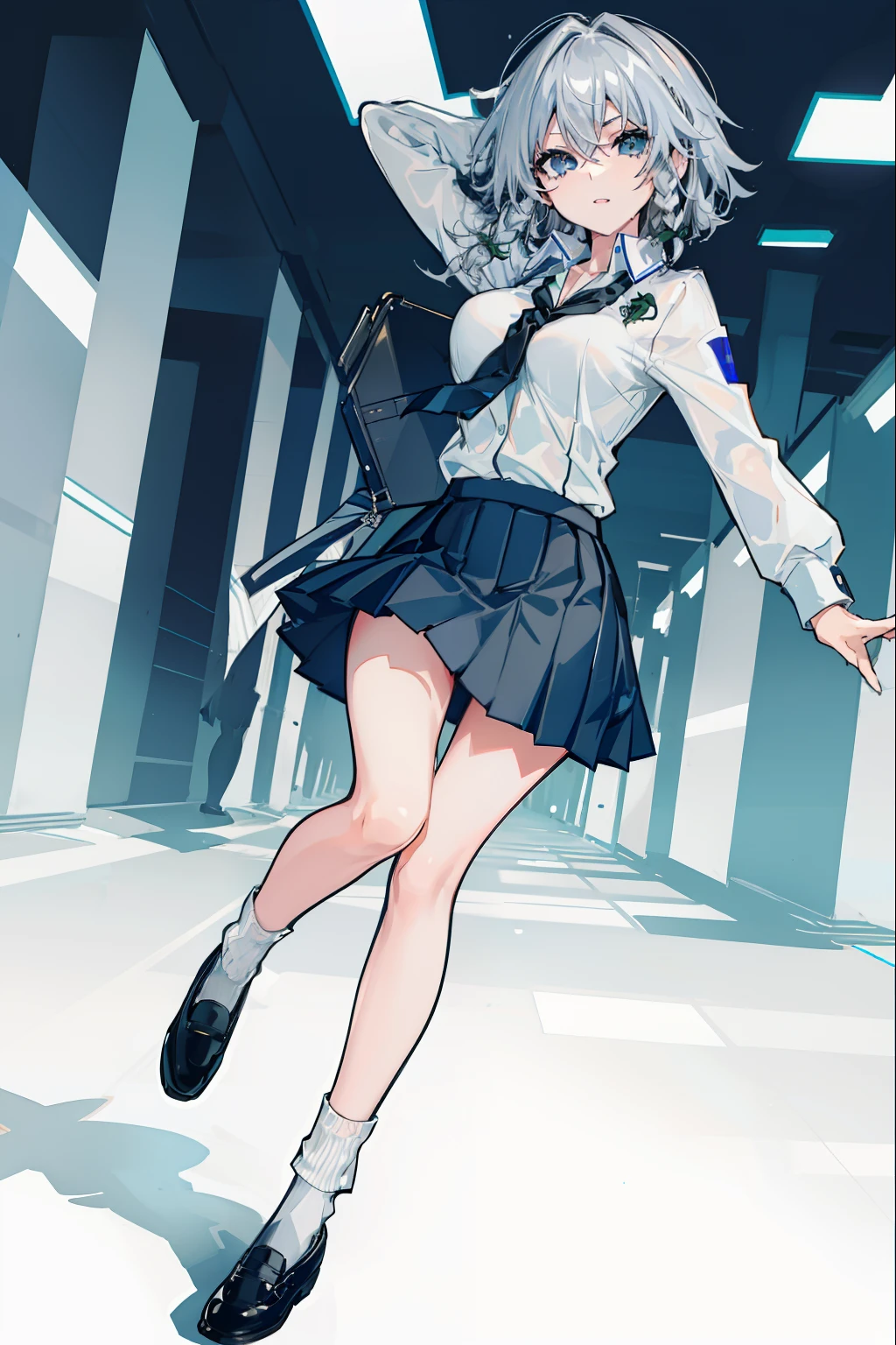 Description of a short-haired young woman with a briefcase, one girl, solo, Sakuya Izayoi, school uniform, Gohei, skirt, shoes, white school uniform, white polo shirt, blue tie, blue pleated skirt, socks , Mary Janes, school background, alternative costume, long sleeves, sleeve rolls, silver hair, full body, looking at viewer, short hair, big breasts