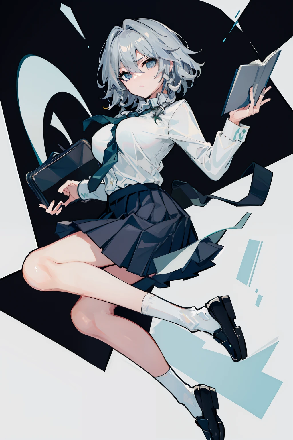 Description of a short-haired young woman with a briefcase, one girl, solo, Sakuya Izayoi, school uniform, Gohei, skirt, shoes, white school uniform, white polo shirt, blue tie, blue pleated skirt, socks , Mary Janes, school background, alternative costume, long sleeves, sleeve rolls, silver hair, full body, looking at viewer, short hair, big breasts