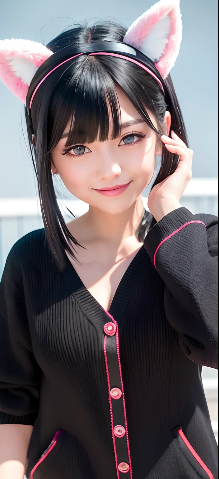 black hair, hair bobbles, wince, longeyelashes, solid circle eyes, fake animal ears, light smile, ear blush, fang, Surrealism, drop shadow, anaglyph, stereogram, tachi-e, pov, atmospheric perspective, 8k, super detail, ccurate, best quality