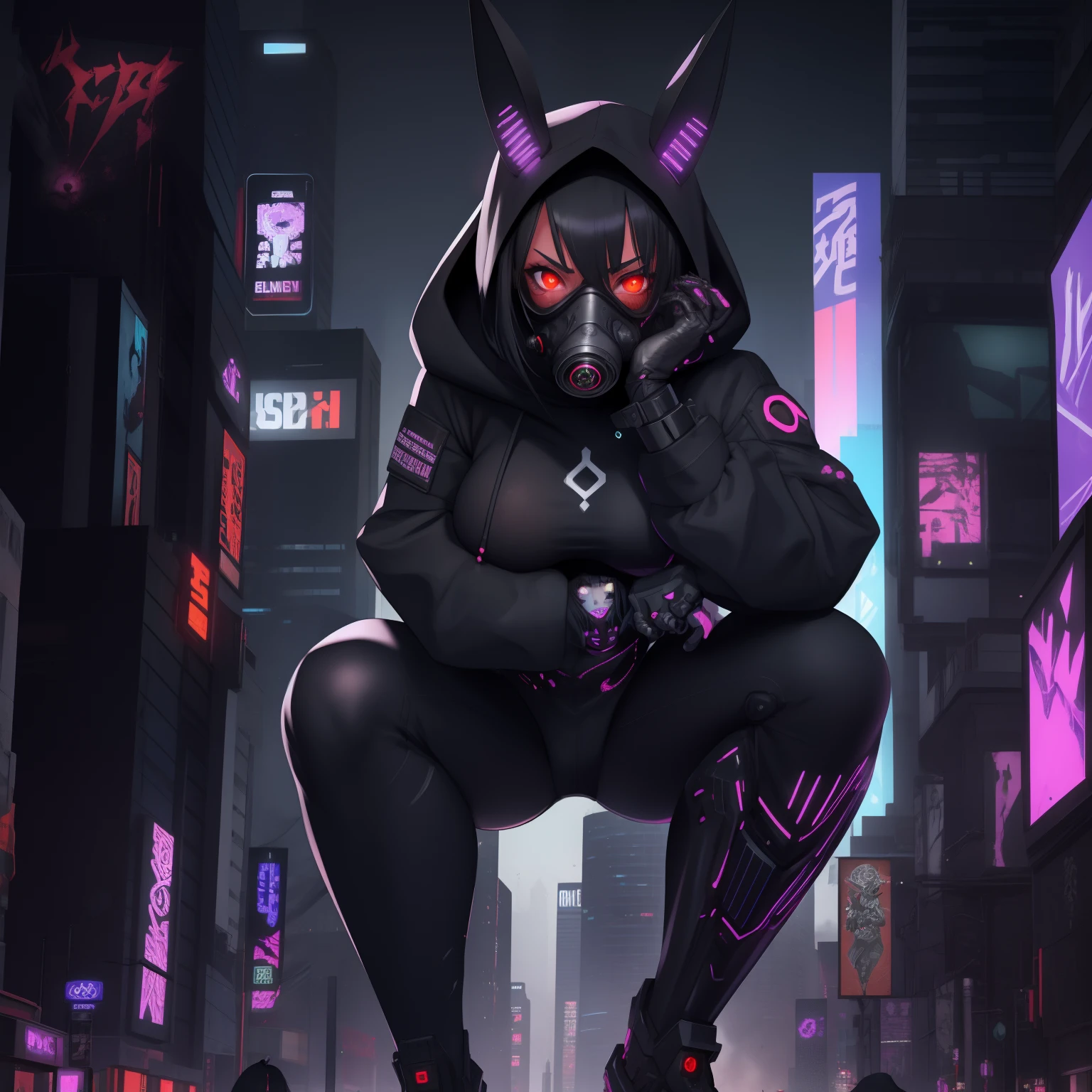 1girl, black_background, black_hair, head gem, jewelry, looking_at_viewer, solo,black hoodie,grim reaper,holding a scythe,cyberpunk,cybernetic limbs,Gts,Gtscity,Looming,glowing red eyes,blacklight,medium boobs,cityscape,clouds,masterpiece,best quality,mechanical bunny ears,cyberpunk gas mask
