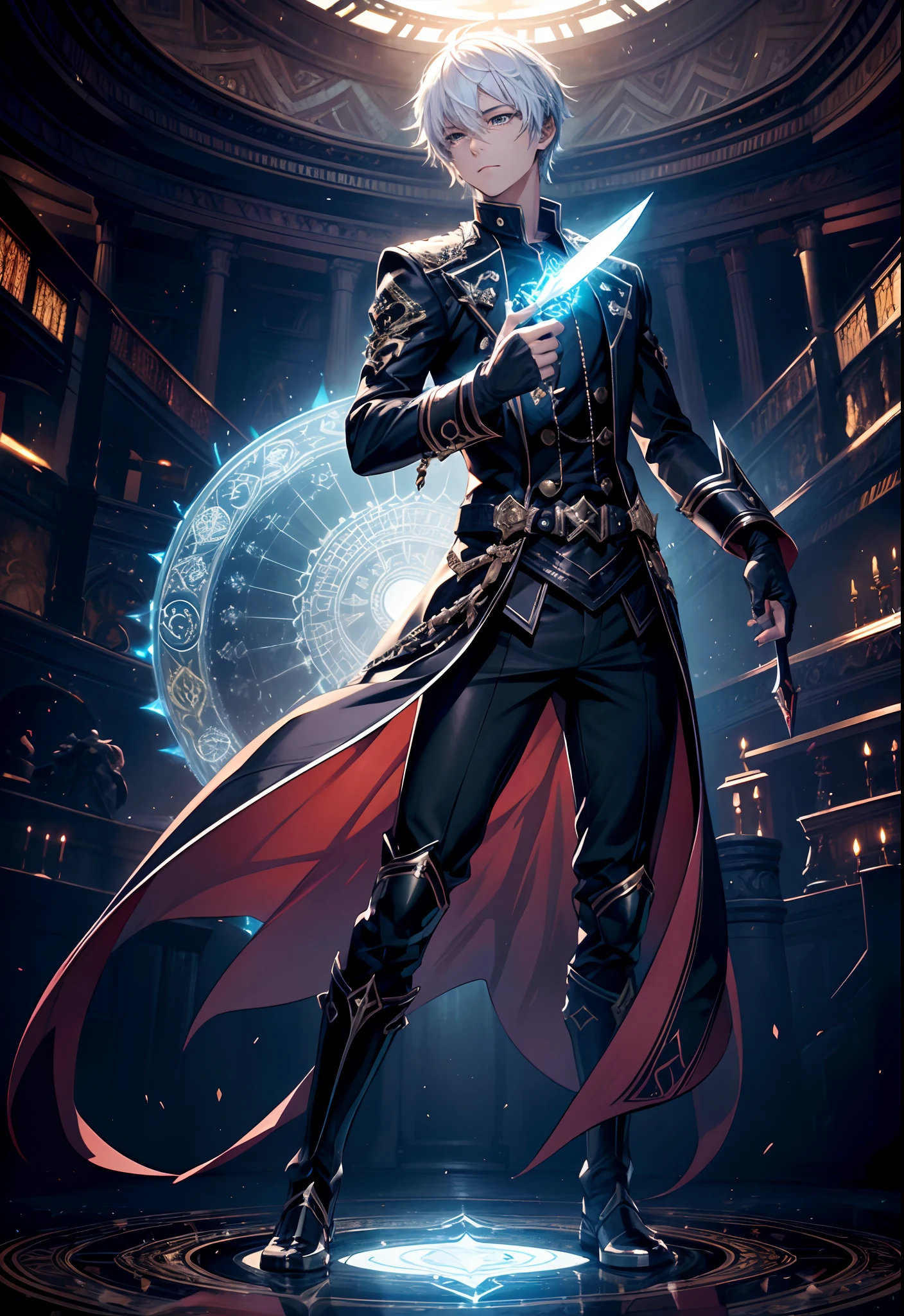 (absurdres, highres, ultra detailed, HDR), masterpiece, best quality, solo, a boy holding knife, magic knife, intricate knife, handsome, short hair, white hair, leather outfit, BREAK, dark persona, light persona, fractal, full body, ceiling, artistic background, Bio-luminescence, geometric, Organic, blessing, favor, exalted, fantasy, celestial, sublime, noble, unfolding, unraveling, spiritual, dignified, magic circle, spark, swirl, magic vortex, from below, look down