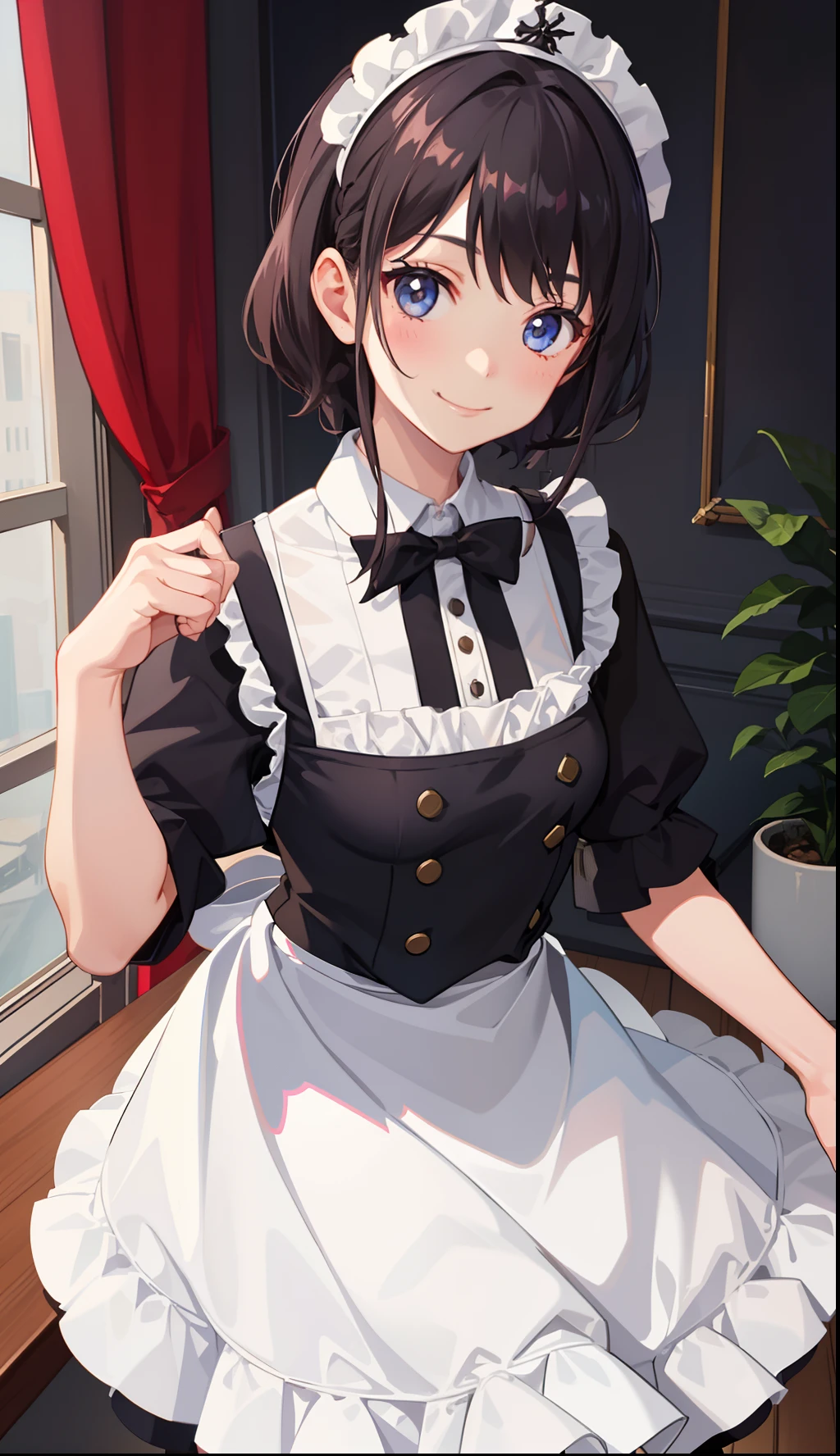 1girl in、A smile、A delightful! pinafore、doress、hair adornments、Maids(small tits)