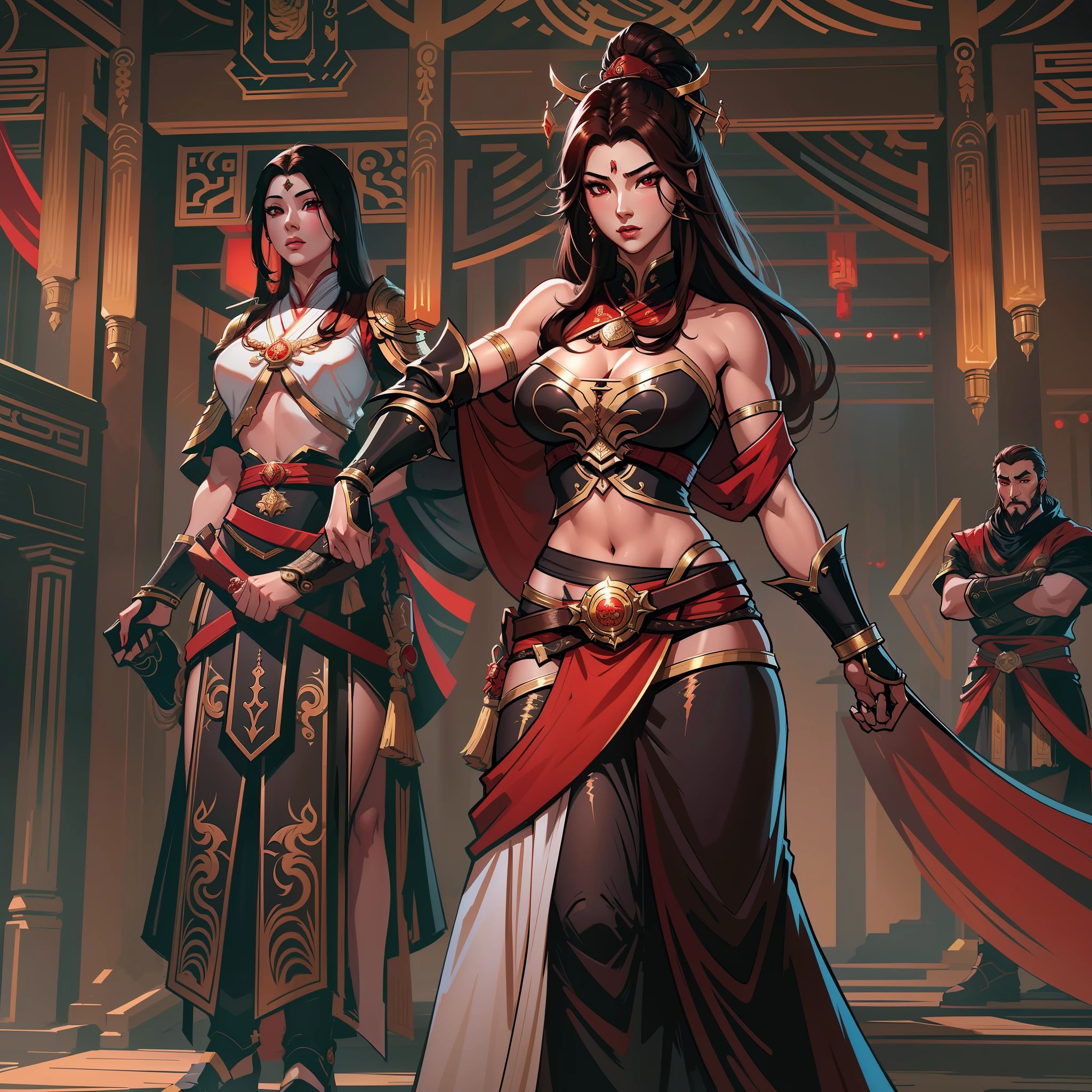 a close up of a strong amazon woman in her 30's, with red eyes and brown hair, wearing a black and red belly dancer attire, a heroine with red eyes, female mage with sun power, middle-eastern princess, standing in a middle-eastern temple, new costume concept design, in the style of blade and soul, full body character concept, detailed character design, inspired by Yang Jin, inspired by Li Mei-Shu, chinese costume, inspired by Lan Ying, inspired by Sim Sa-Jeong, inspired by Li Tang, lunar themed attire, costume with orange accents, inspired by Ju Lian, colored concept art, highly detailed character design, highly detailed face, inspired by Ai Xuan, very highly detailed face, unreal engine render, final fantasy 14 style, inspired by Leng Mei