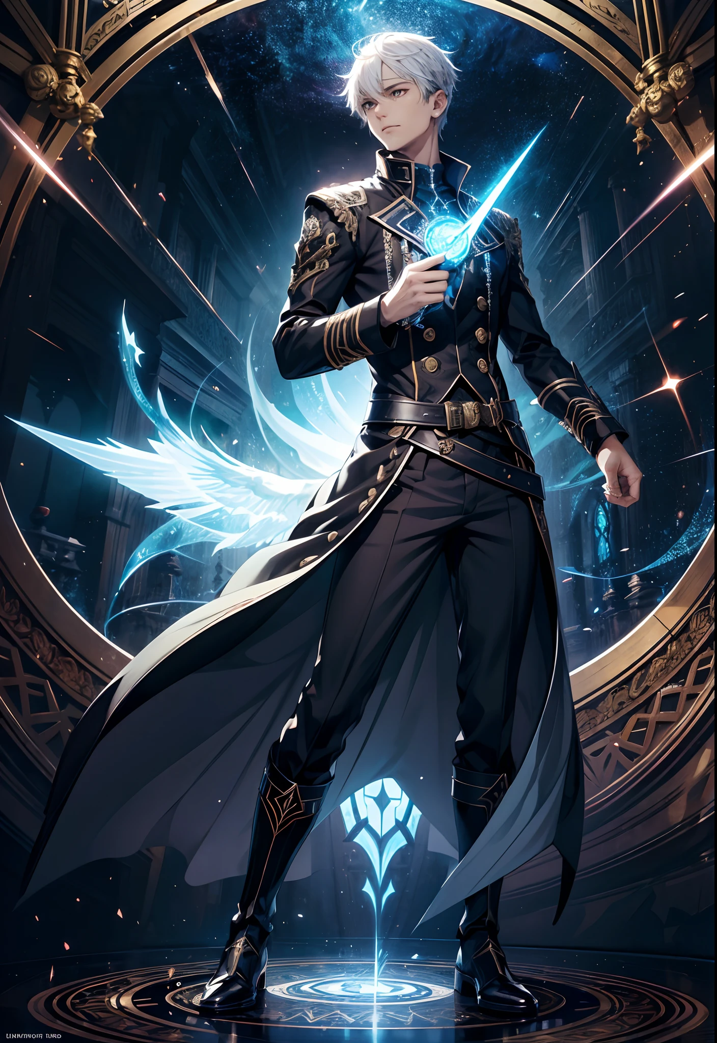 (absurdres, highres, ultra detailed, HDR), masterpiece, best quality, solo, a boy holding knife, magic knife, intricate knife, handsome, short hair, white hair, leather outfit, BREAK, dark persona, light persona, fractal, full body, ceiling, artistic background, Bio-luminescence, geometric, Organic, blessing, favor, exalted, fantasy, celestial, sublime, noble, unfolding, unraveling, spiritual, dignified, magic circle, spark, swirl, magic vortex, from below, look down