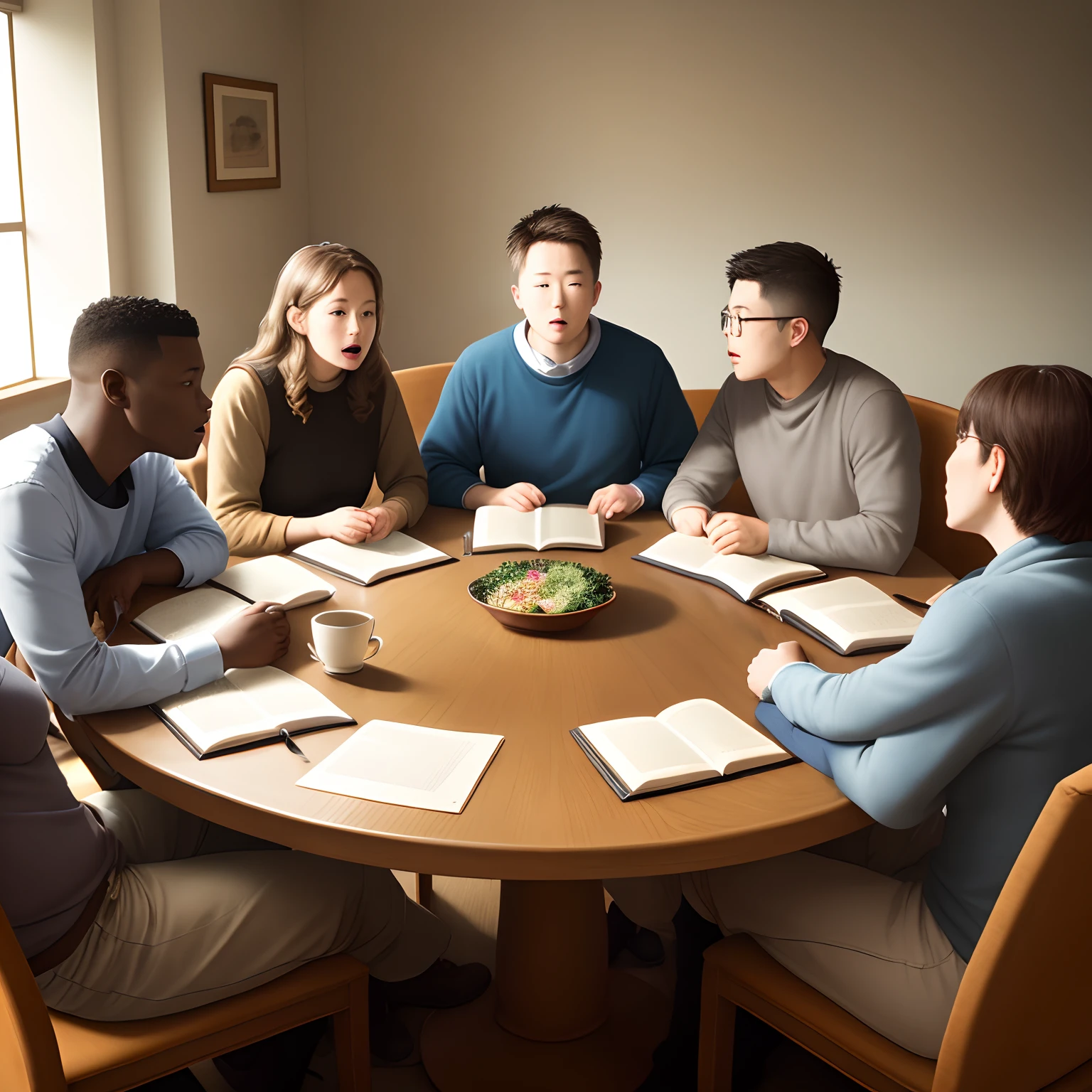 A group of people gathered around a table talking about the Bible