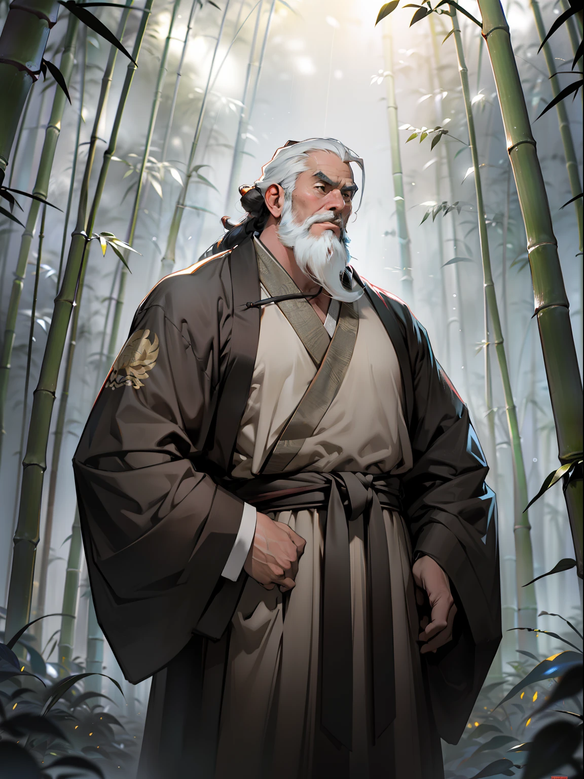 Deep in the bamboo forest, Chinese Ancient Times，raining day, A middle-aged male, 50yearsold, With a beard，Emaciated，dressed white hanfu, Standing in a bamboo forest, One hand touches his beard，Place one hand behind your back，look up to，Quiet, Cinematic lighting, in a panoramic view, Masterpiece, ccurate, Super detail, Award-Awarded, Best quality