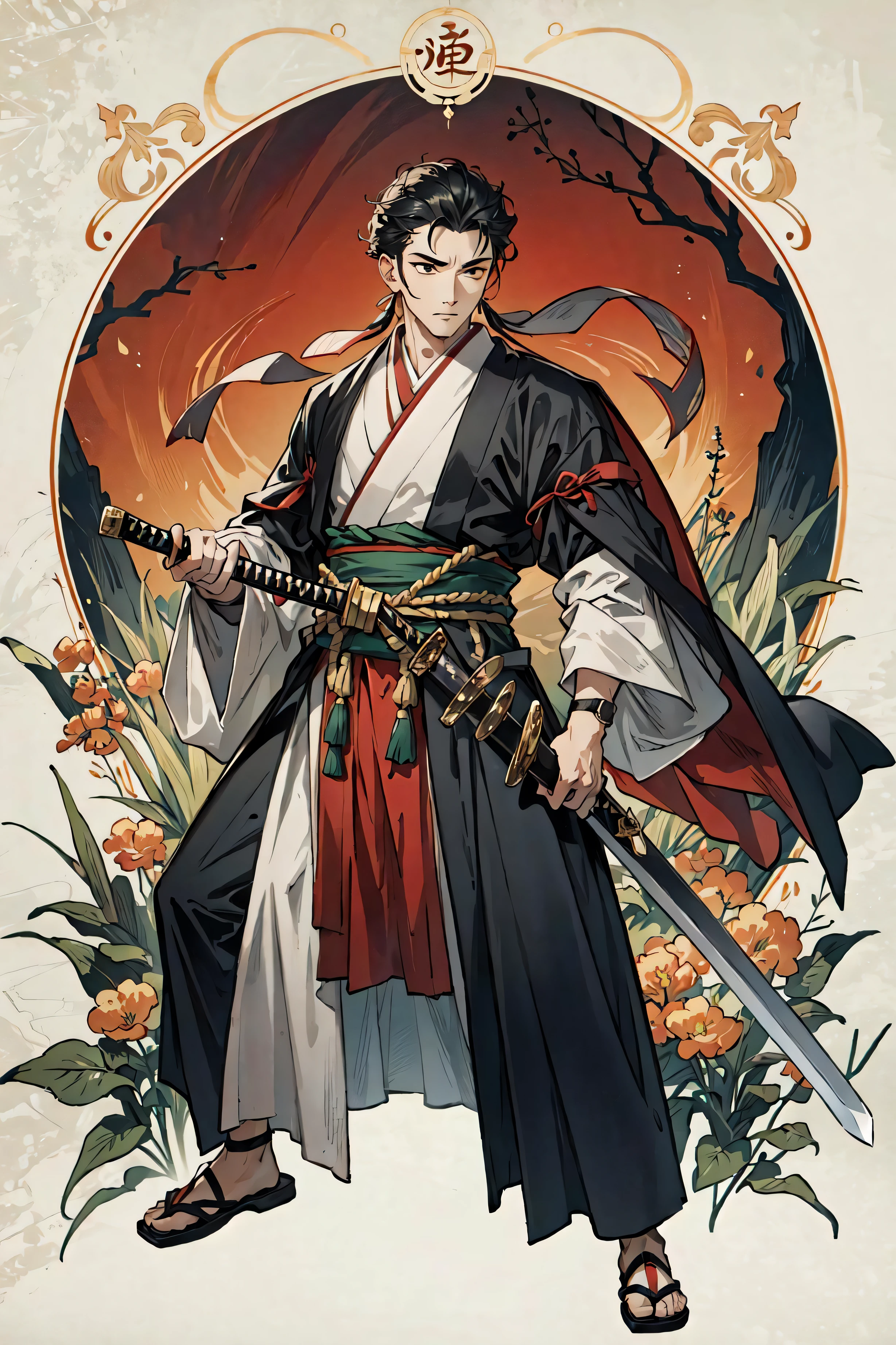 (best quality), detailed background, oriental king,man,combat arts, holding holding sword,
