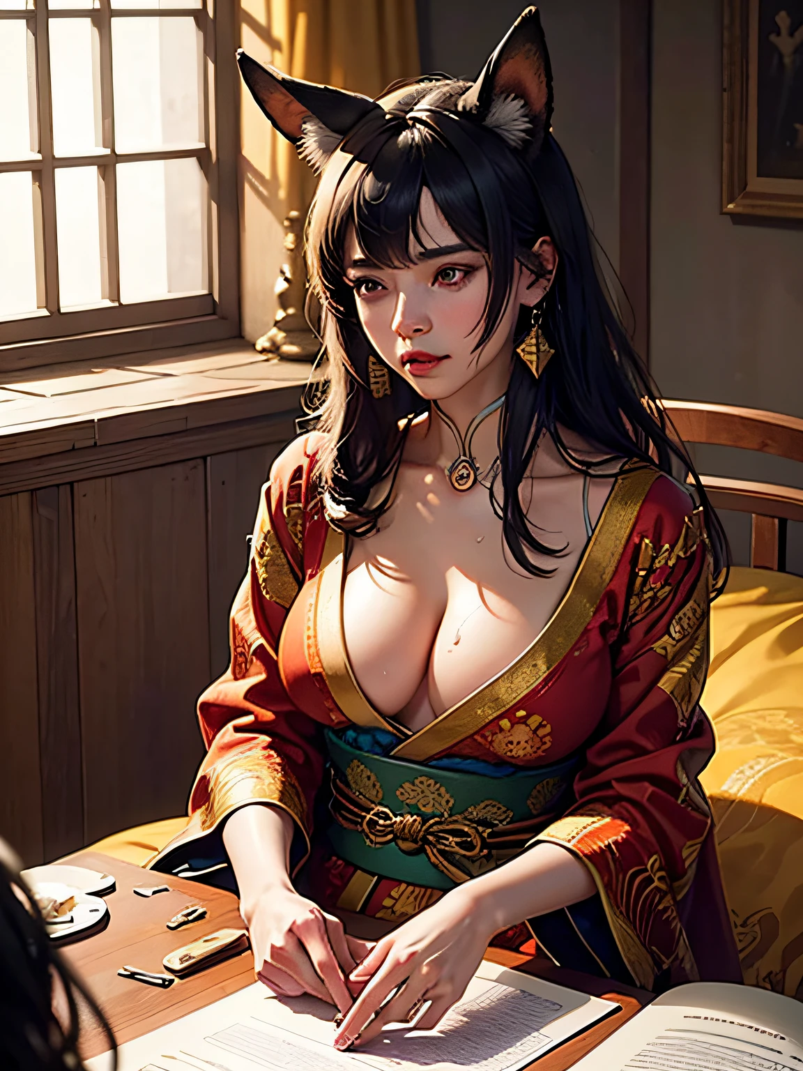concept-art,"1 couple, male people(Warrior man)beast ear, Handsome boy with animal ears,Long black hair, nipple tassels, By bangs,colorful,Bold colors,red kimono,(avas)komono,Traditional Chinese clothing,closeup cleavage,Intimate interaction in bed,ear studs,Nipple Ring,sweat leggs,Illuminate people", rich colourful,Master composition,Focus on key people, photorealisti,tmasterpiece, awardwinning, best qualtiy, tmasterpiece, ultra - detailed, 8K, Extremely detailed CG unity 8k wallpaper, 复杂, highly detailed, realisticlying