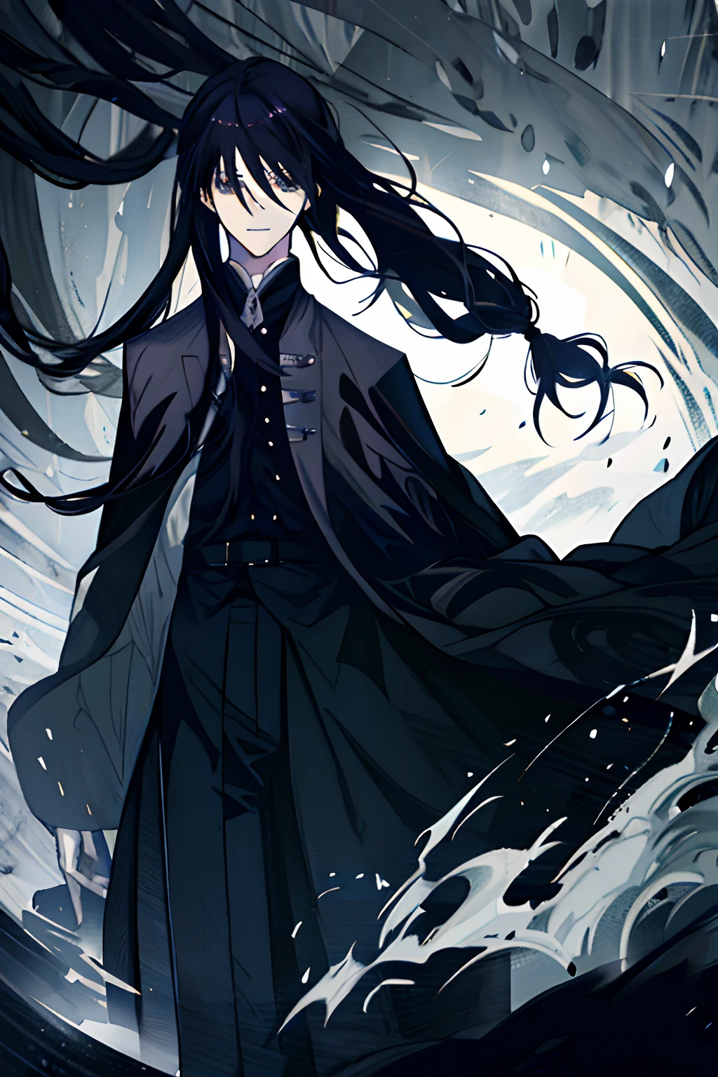 Anime - Long-haired man image,Long hair anime boy in raincoat,Long black straight hair,detailed anime character art,shigenori soejima illustration,Wear a black raincoat,Long-haired cape,male anime character,Black long straight,kentaro miura art,Frontal photo,Sense of darkness,largeeyes,Elegant and desperate,face expressionless,Gloomy atmosphere,Street scene,Rainy days,Exquisite painting style,4K illustration。