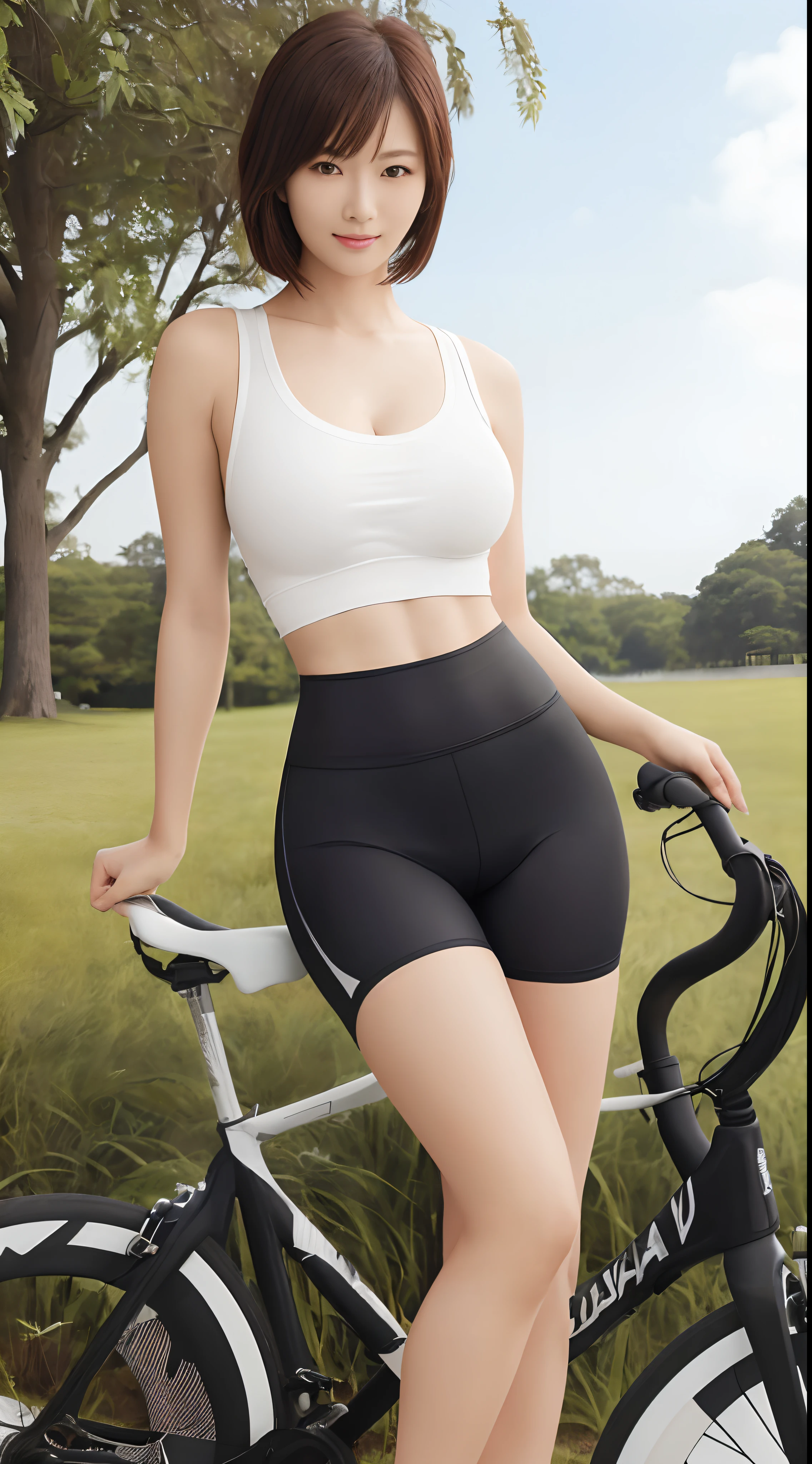 (16k, ultra high res, best quality, high quality, masterpiece:1.3), (a professional photo of girl), RAW photo, realistic illustration, (ultra detailed eyes and face), (ultra detailed beautiful skin),(Photos above the ankle:1.4), BREAK, solo photo, 1girl, standing, 25yo, beautiful, Petite facial features, Super Detail Beautiful Natural Skin, natural makeup, closed mouth, (brown hair), short hair, asymmetrical bangs, evil smile, narrow waist, slender, (wide hips:1.2), araffe woman in a white top and tight black bike shorts, photorealistic perfect body, beautiful japanese woman, standing, gorgeous young japanese woman, perfect body, wearing loose shirt, tight bike shorts, beautiful asian girl, attractive body, gorgeous model, realistic shaded perfect body, wearing simple clothes, loose T-shirt, low rise bike shorts, detailed abs, beautiful navel, cleavage, big breasts, she is very sexy, outdoor grass park, bike unnecessary,