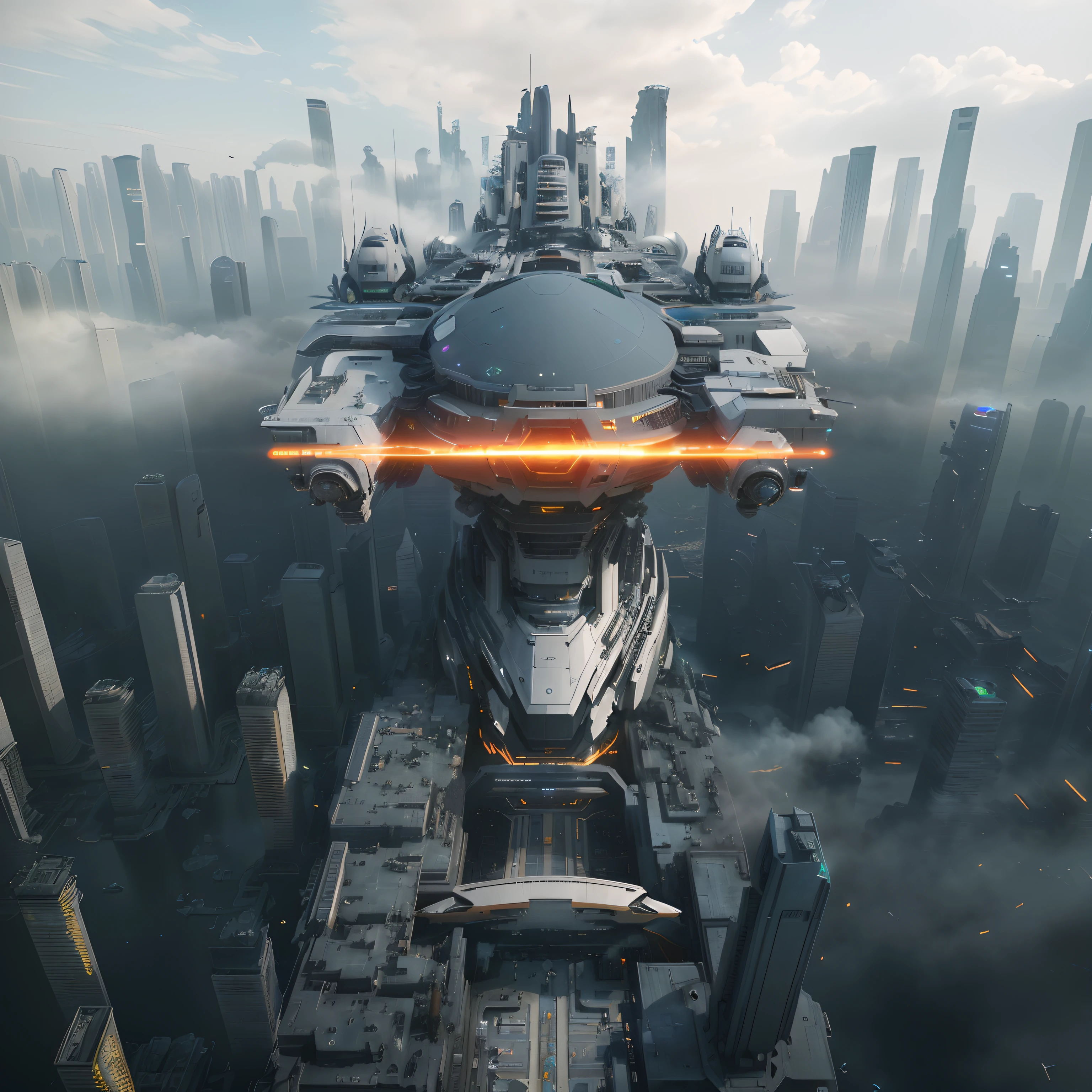 Cidade futuristica,Futuristic spaceships flew over it, huge futuristic temple city, octane render sci - fi, depicted as a scifi scene, Futuristic outpost building, 3 d render of a scifi spaceport, futuristic spaceship, futuristic dystopian city, Futuristic city landscape, vista of futuristic city, cinematic scifi shot, futuristic skyscrapers, detailed futuristic architecture, matte painting of steam machines