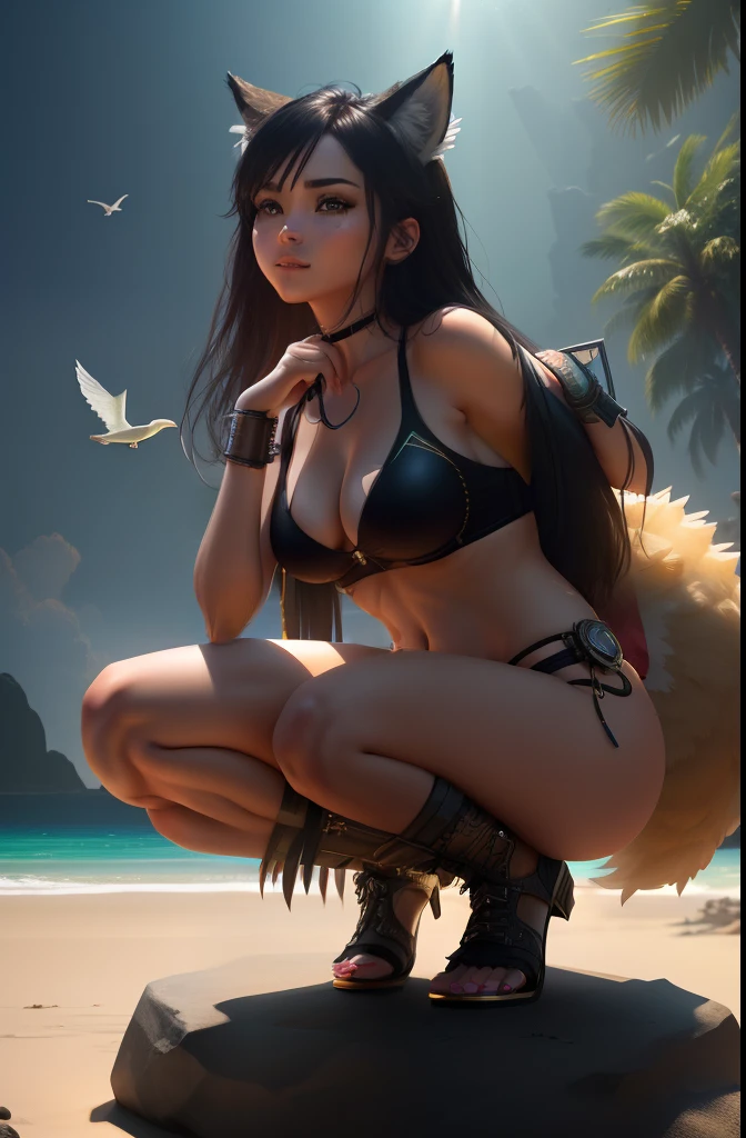 creates a 21 year old girl, on the beach, bikini shirt babadinha color green with red, sadalias silver color with bow, long black hair 1.65 meters natural, with natural brown eyes, natural cheerful mouths, towel on the hips, with the bodies inside, face, chest, belly, feather, feet, with ipes position, on the sides coconut foot, with bird, fox, dragon, armadillo, tiger, snake, with front face, with animals,
Dramatic lighting,
Anthropomorphic,
8k,
Very detailed,
Cinematic lighting,
Unreal engine,
Octane render,
Photorealistic,
Hyperrealistic,
Sharp focus,
Rim lighting,
Soft lighting,
Volumetric,
Surreal,
Realistic CGI,
Fantastic backlight,
HDR,
Studio light,
Internal glow,
Iridescent,
Cyberpunk,
Steampunk,
Intricate filigree metal design,
Bionic futurism,
Ray tracing,
Symmetrical,
Atompunk,
Multiverse,
Concept art,
Time loop,
Maximum texture,
Futurism,
Dynamic.