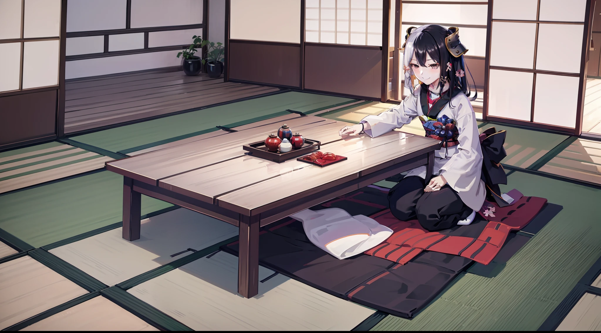 traditional japanese house, inside, traditional japanese outfit, kimono, tatami mats, Japanese sliding doors, bamboo, naughty smile, domineering smile, arrogant expression, cocky attitude, masterpiece, best quality,