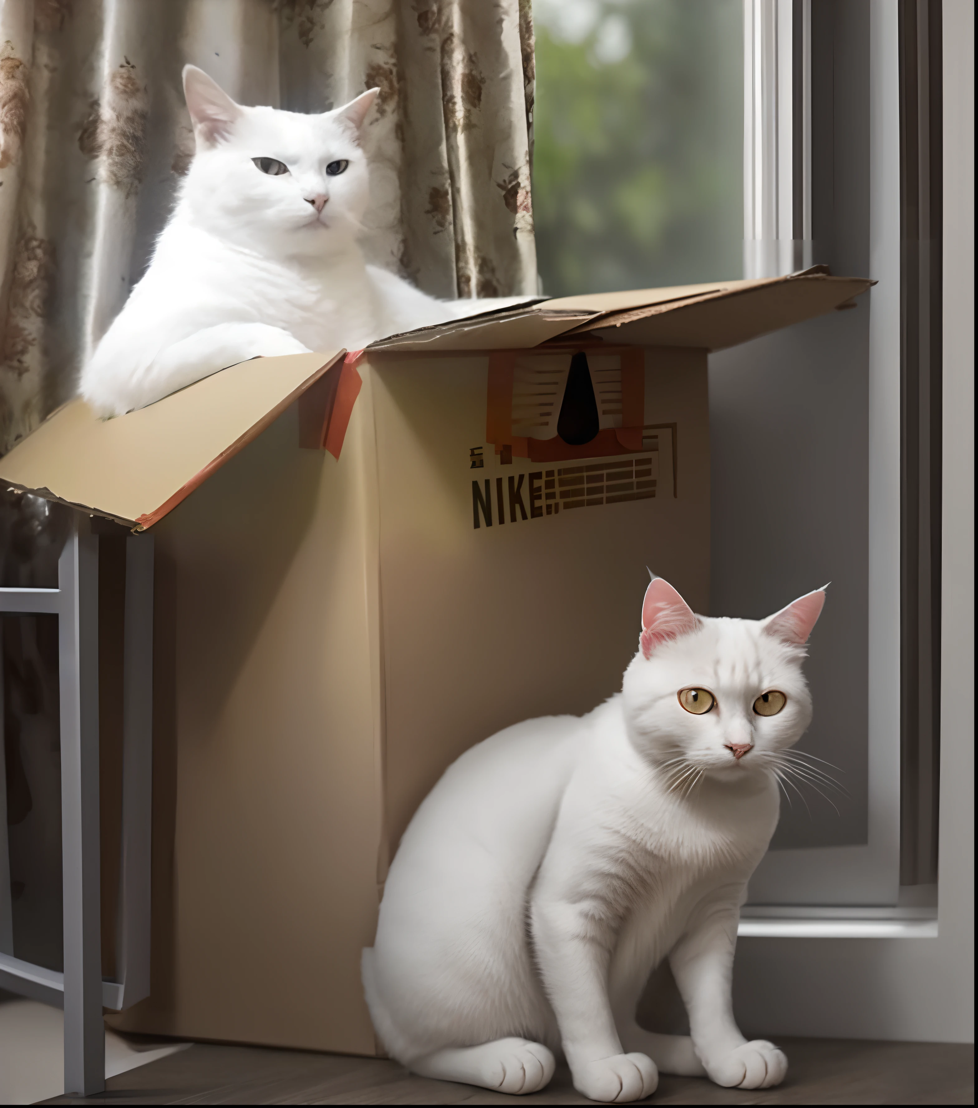 There was a white cat sitting in a box on the windowsill, chonker cat, White ( cat ) Girl, doing an elegant pose, White cat, funny cat, doing a majestic pose, there is a cat next to her, awesome cat, box, Fully robotic!! cat, Red Dieter meme, she is looking at us, a cat sitting in a chair