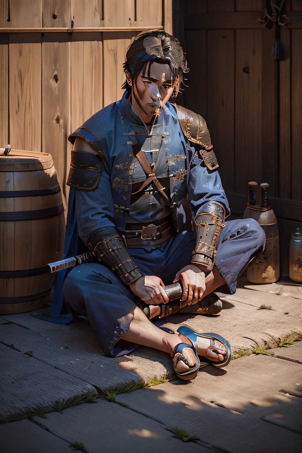 swordsman,sat on the ground,Left hand,katana swords,Take it in your right hand,Bamboo barrel wine jug,Samurai head,The blue collar was tattered to cover half of the face,Expose abs,Slacks blue,sandals