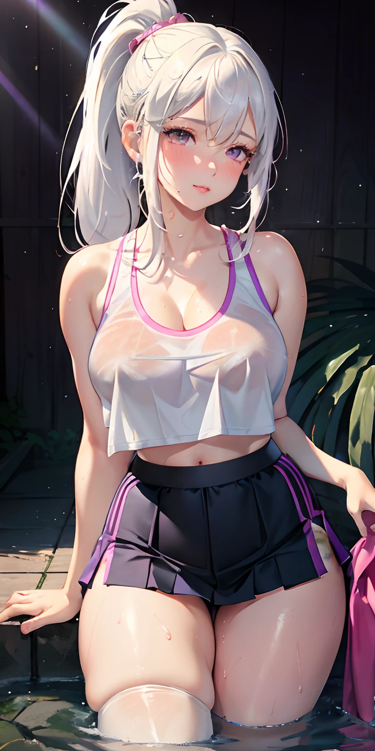 realistic, 1girl, ponytail, parted lips, blush, makeup, light smile, white hair, sportswear, skirt, wet clothes, glow, thighs, purple eye, bare shoulders, collarbone, narrow waist, sunbeam, sunlight, rose, wind, cleavage, (masterpiece), sweat, lesbian, kiss, 2girls, lesbian kiss