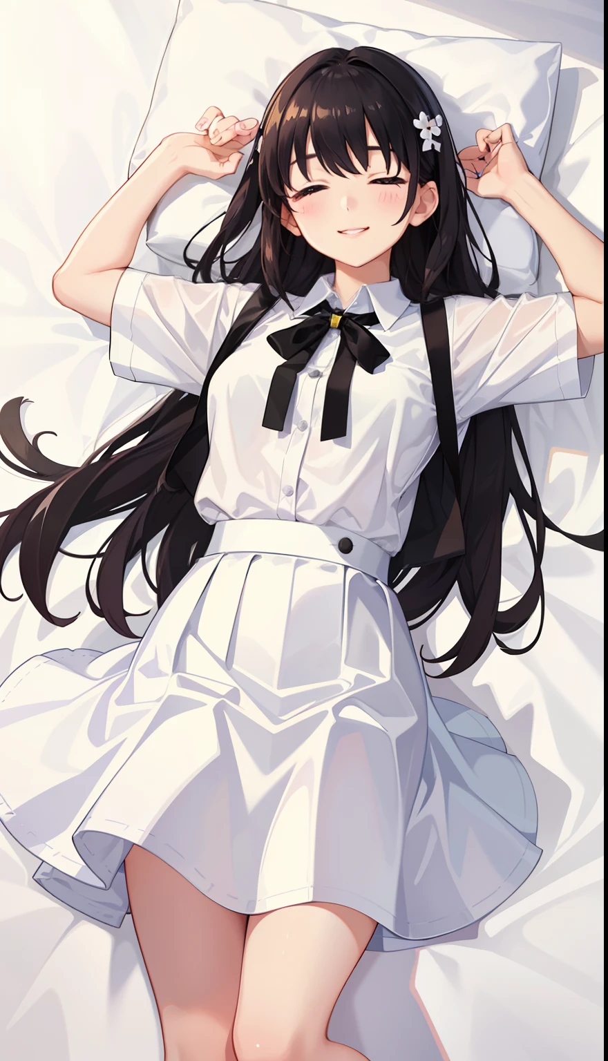 1girl in、A smile、A delightful! The shirt、pleatedskirt、White skirt、(small tits)Sleeping in large letters、