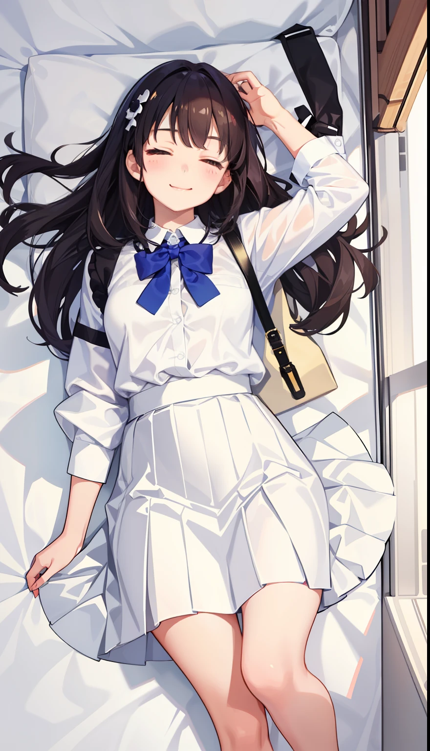 1girl in、A smile、A delightful! The shirt、pleatedskirt、White skirt、(small tits)Sleeping in large letters、