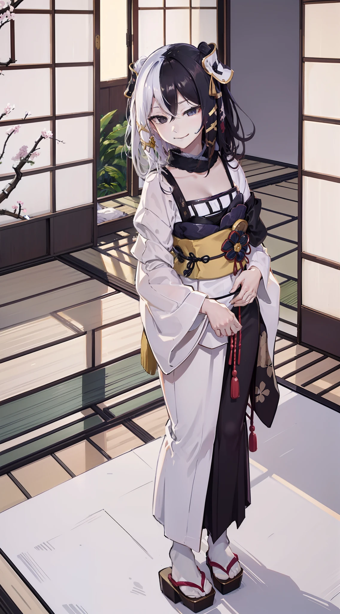 traditional japanese house, inside, traditional japanese outfit, kimono, tatami mats, Japanese sliding doors, bamboo, naughty smile, domineering smile, arrogant expression, cocky attitude, masterpiece, best quality,