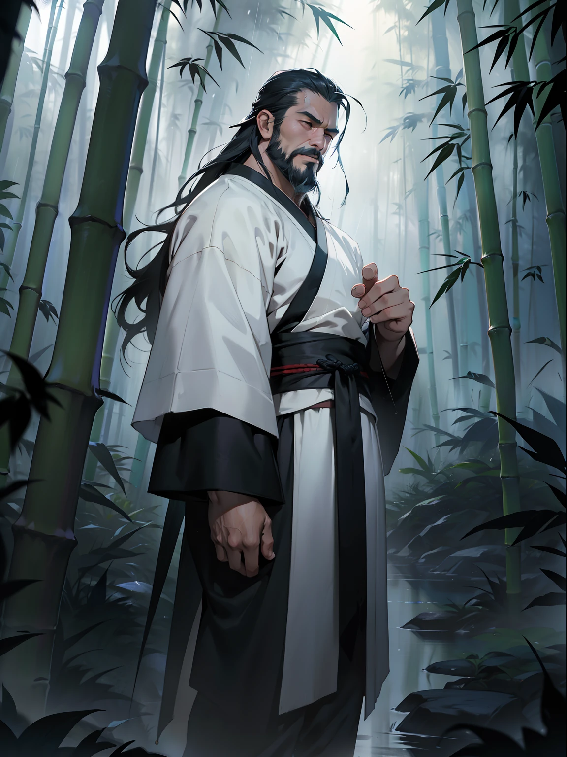 Deep in the bamboo forest, Chinese Ancient Times，raining day, A middle-aged male, 50yearsold, With a beard，long whitr hair，emaciated，dressed white hanfu, Standing in a bamboo forest, A hand touched his beard，Place one hand behind your back，look up to，Quiet, Cinematic lighting, in a panoramic view, Masterpiece, ccurate, Super detail, Award-Awarded, Best quality