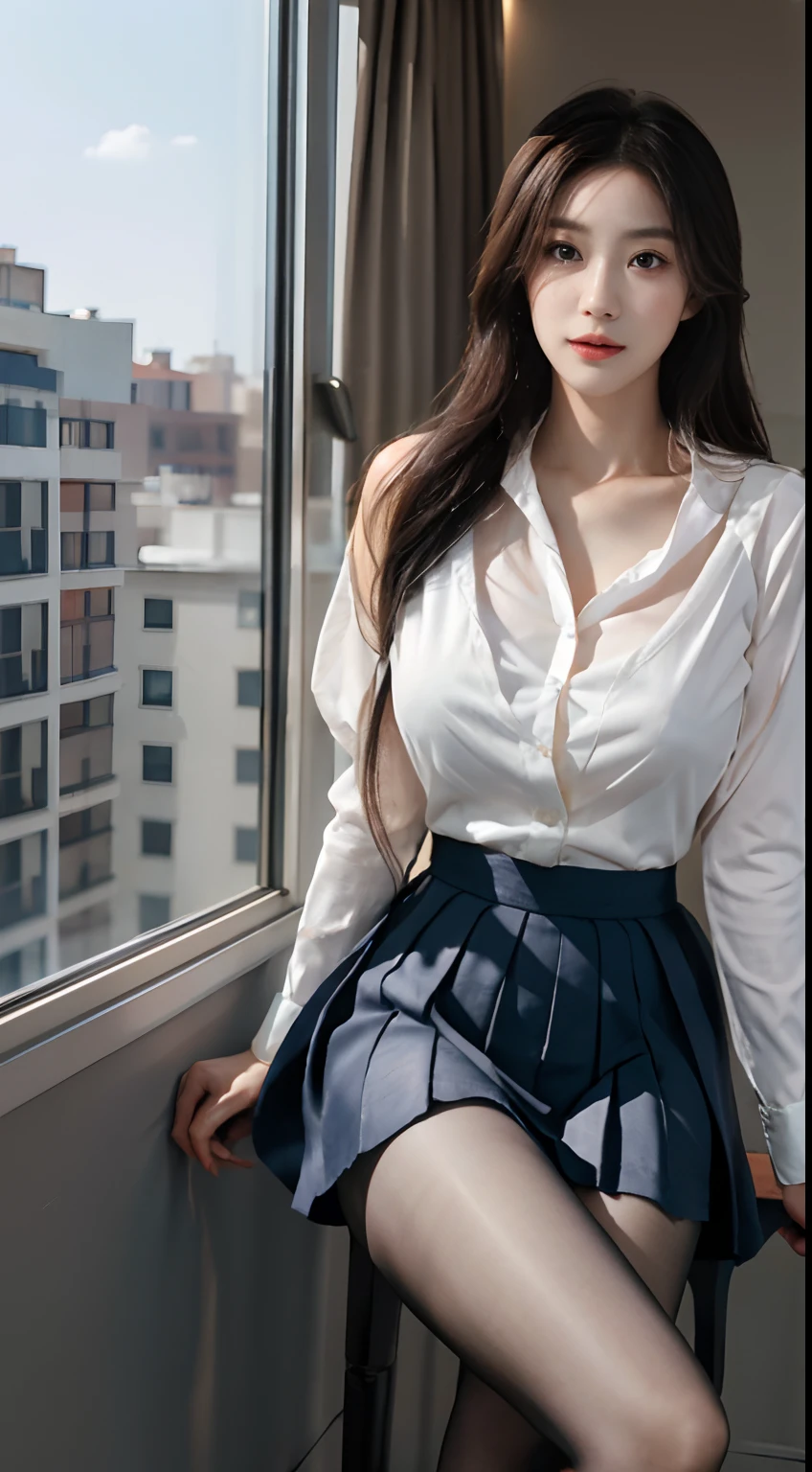 Ultra-realistic 8K CG，s the perfect face，flawless perfection，Ren，tmasterpiece，professionalartwork，famousartwork，s the perfect face，beauitful face，beautidful eyes，（（Perfect female body）），独奏，（immersiveatmosphere，lightand shade contrast：1.5，Bright light:1.2,lumnious),,(Blushlush:0.5),Enchanting expression,Ultimate detail_The eye,（huge tit）,Exquisite background,depth of fields,photorealestic:1.3,Faraway view,1girll,The shirt,pleatedskirt,school uniform，Sit Pose，full bodyesbian，（ambient lights：1.3），（cinematic compositions：1.3），（neonlight：0.1），（hdr：0.1），emphasis lighting，lacepantyhose，tiese