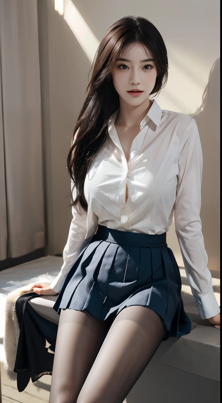 Ultra-realistic 8K CG，s the perfect face，flawless perfection，Ren，tmasterpiece，professionalartwork，famousartwork，s the perfect face，beauitful face，beautidful eyes，（（Perfect female body）），独奏，（immersiveatmosphere，lightand shade contrast：1.5，Bright light:1.2,lumnious),,(Blushlush:0.5),Enchanting expression,Ultimate detail_The eye,（huge tit）,Exquisite background,depth of fields,photorealestic:1.3,Faraway view,1girll,The shirt,pleatedskirt,school uniform，Sit Pose，full bodyesbian，（ambient lights：1.3），（cinematic compositions：1.3），（neonlight：0.1），（hdr：0.1），emphasis lighting，lacepantyhose，tiese