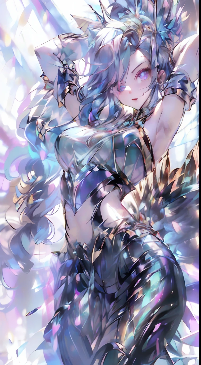 (()), ((masterpiece)), 4k, absurdres, best quality, (1girl), looking at viewer, (pose) a woman, silver hair, glowing blue eyes, earrings, light smile, , full 