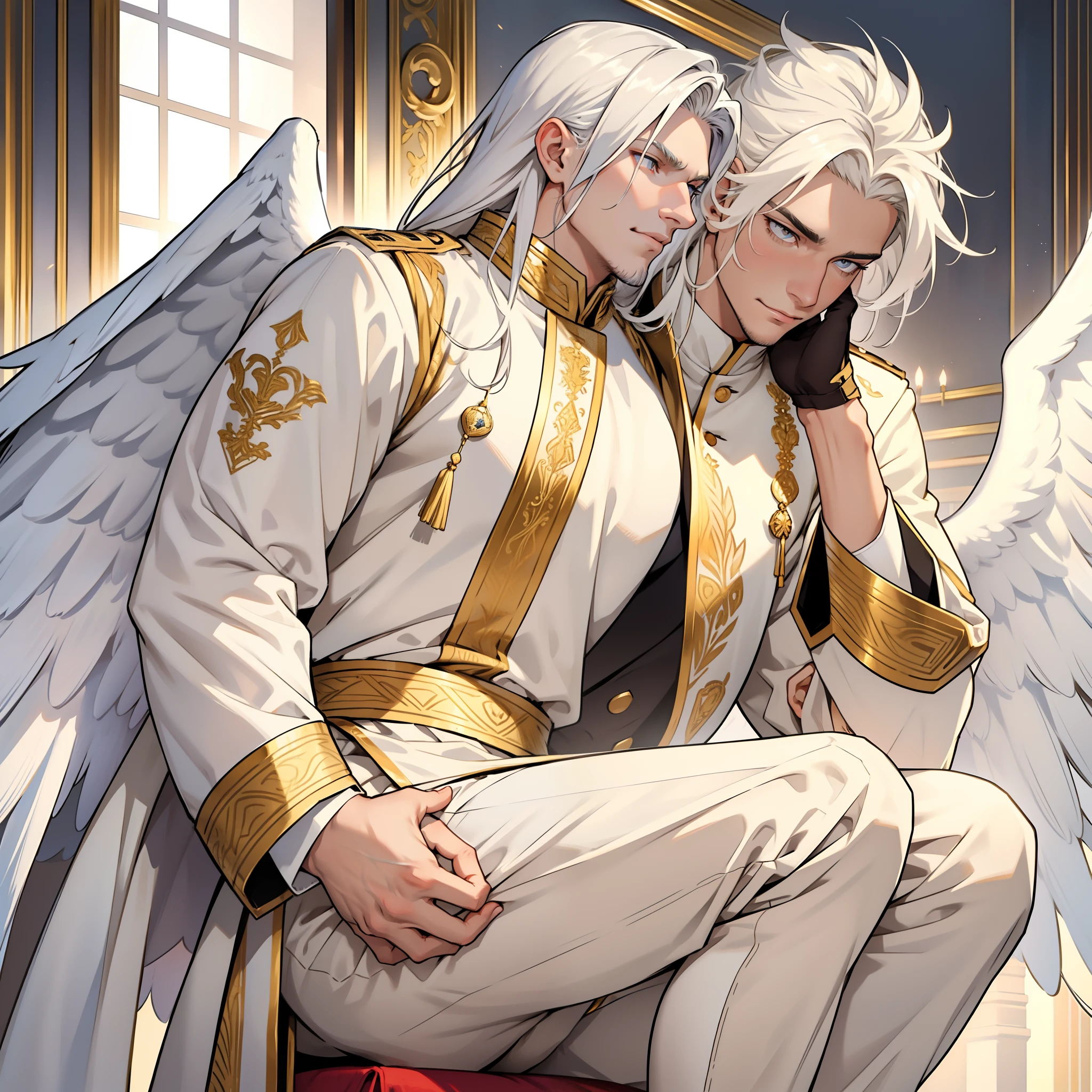 Handsome male. Long white hair. Golden eyes. Roman nose. Shy look. Soft doe eyes. Ecstasy expression. Royal white and gold attire. Huge white wings. Bulge in pants.