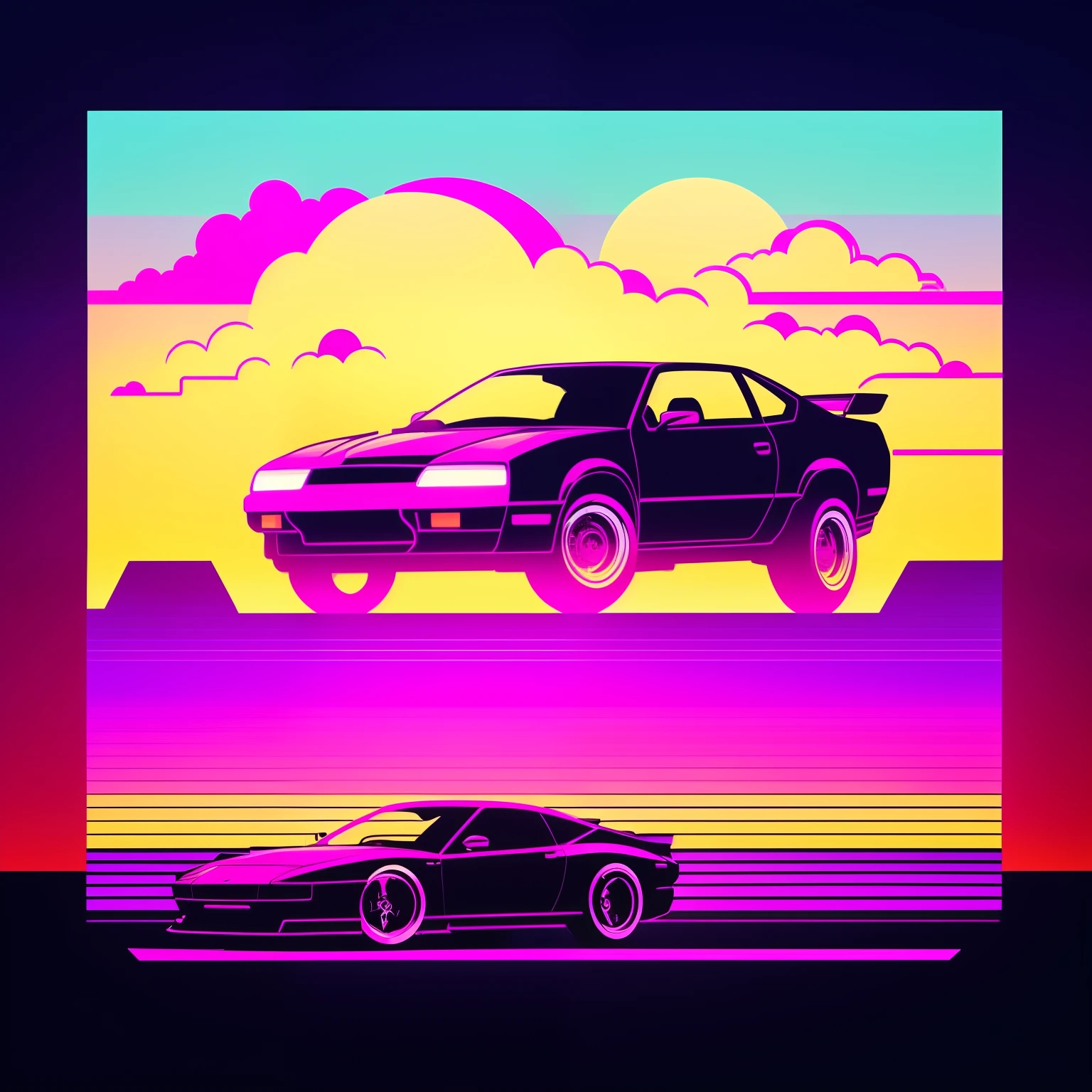 a silhouette of a car with a person standing next to it, sunset illustration, synthwave sunset, art deco outrun anime aesthestic, retrowave art, epic retrowave art, illustration!, synthwave image, vaporwave sunset, ( ( ( synthwave ) ) ), stylized digital illustration, in style of 80s sci-fi art, synthwave