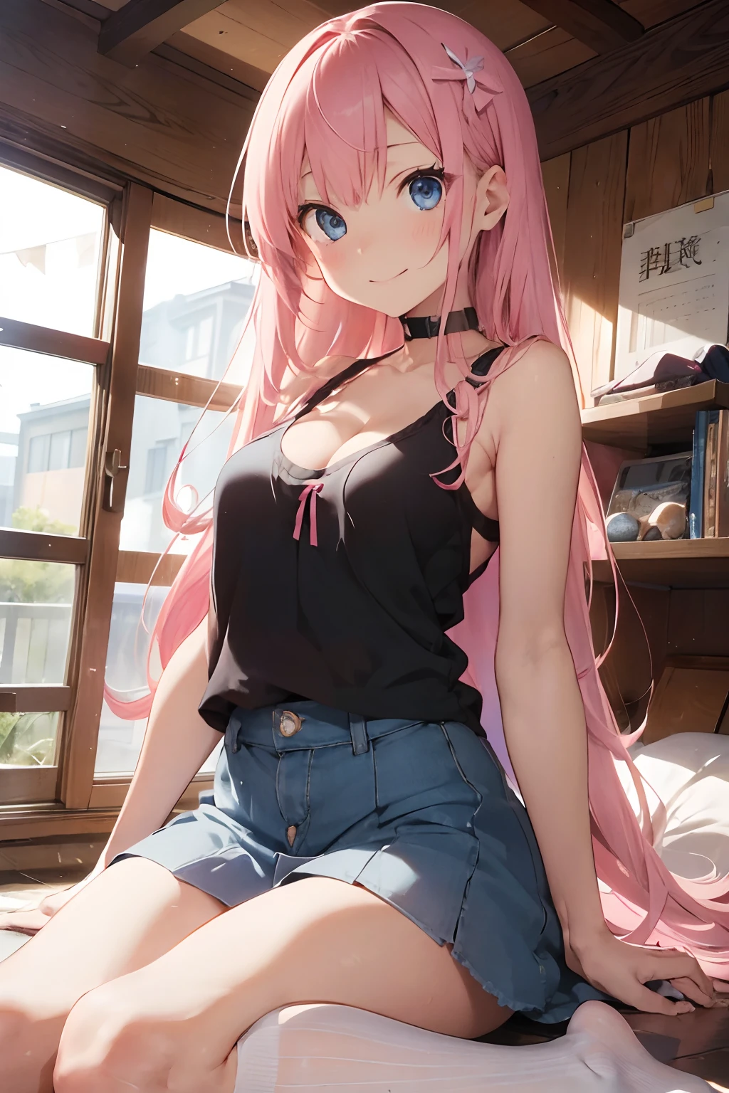 masutepiece, Best Quality, super detailed, 8K_Wallpaper,A pink-haired,Very long hair, (Beautiful eyes), ((Cute)), Cute, (lovely), 3女の子,cleavage,thighs thighs thighs thighs,Tank Tops、Mini skirt,,.high socks,, knee sox,Smile,,Striped panties,Back view,pixv art,Anime,gals,slim,slender,(A lot of clothes are falling:1.4)、,Black eyes|Blue eyes,Cluttered rooms、Sit-in、Large room