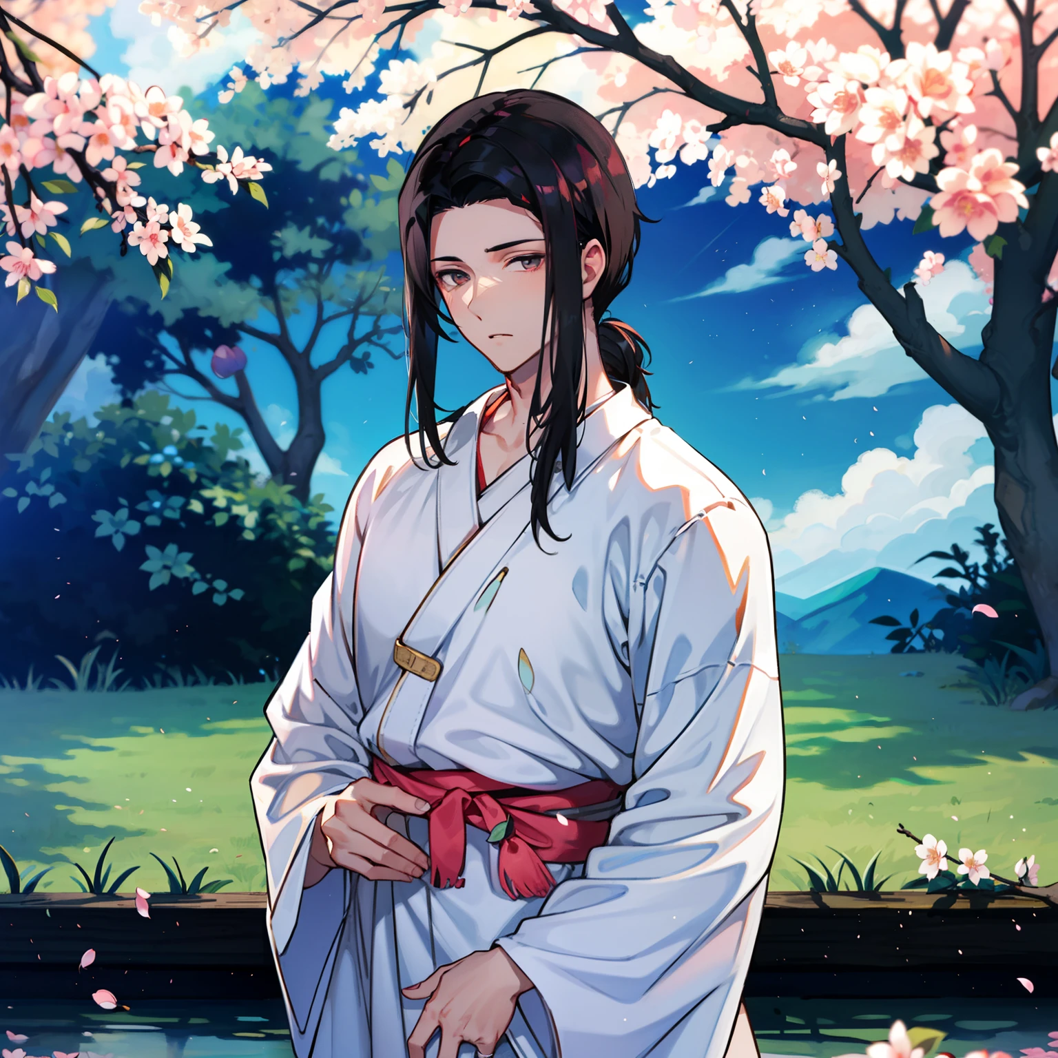 Handsome boy with black hair under a peach blossom tree