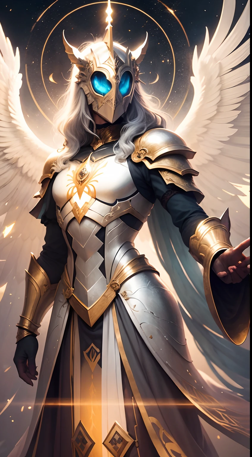 Striking illustration of the guardian of light, A celestial and ethereal figure that guards the threshold of light. His presence is splendid and powerful., con alas inmensas que se extienden hacia el horizonte y una mirada penetrante que transmite serenidad y respeto.espada.en la mano reluciente, armadura resplandeciente,in the background uses warm white and gold tones and deep shadows to emphasize its ethereal nature and its connection to the realm of light.......(warm lighting), ( divine lighting),(celestial lighting)