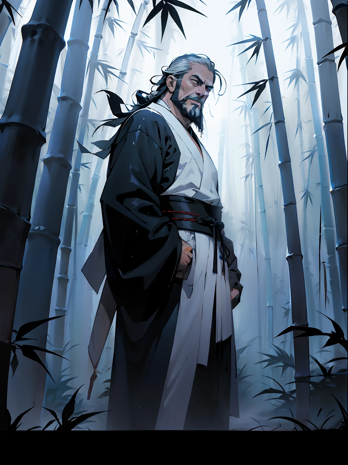 Deep in the bamboo forest, Chinese Ancient Times，raining day, A middle-aged male, 50yearsold, With a beard，long whitr hair，emaciated，dressed white hanfu, Standing in a bamboo forest, A hand touched his beard，Place one hand behind your back，look up to，Quiet, Cinematic lighting, in a panoramic view, Masterpiece, ccurate, Super detail, Award-Awarded, Best quality