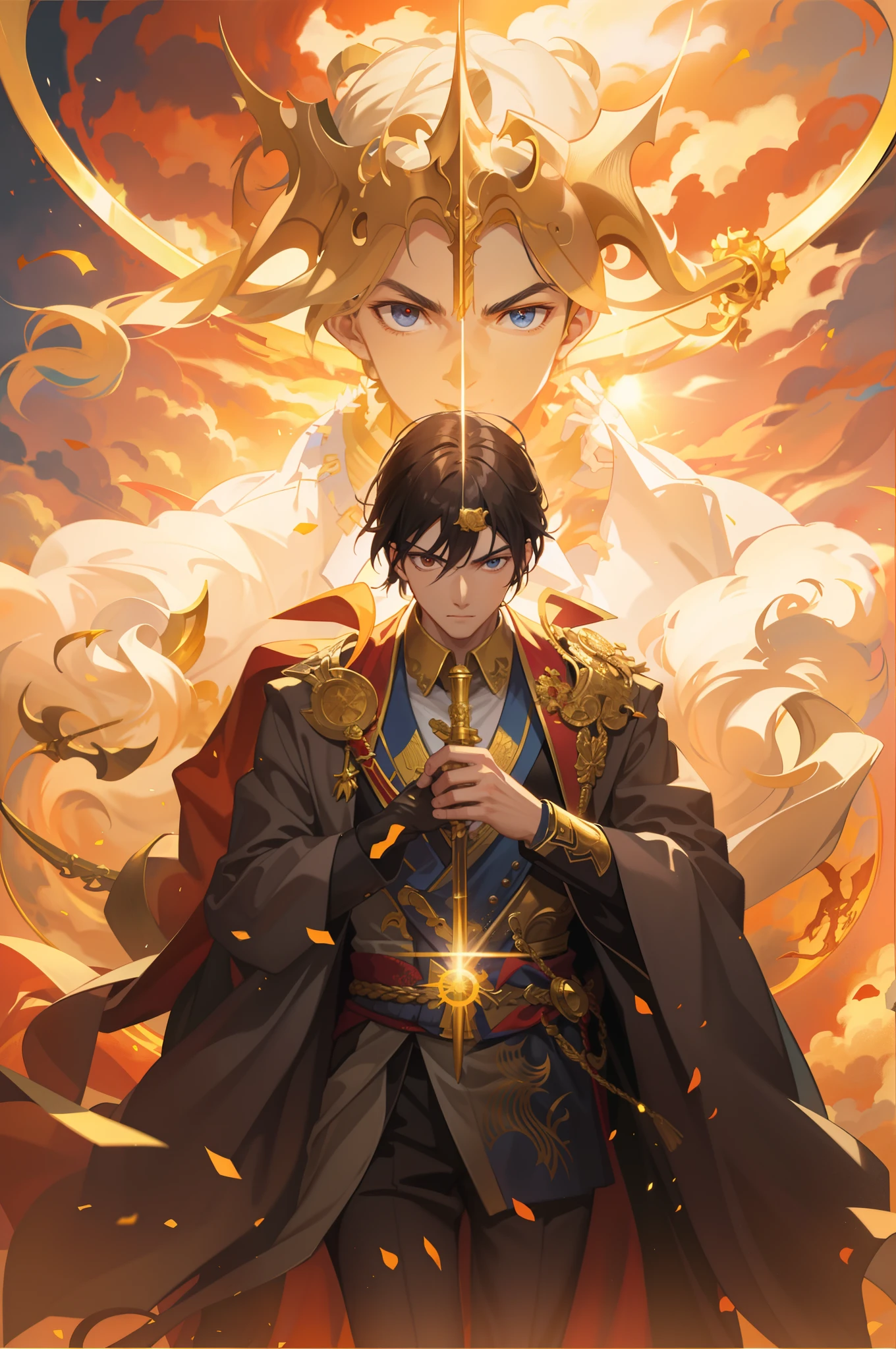 A man in a golden robe holds a sword in front of the sun,handsome guy in demon killer art。