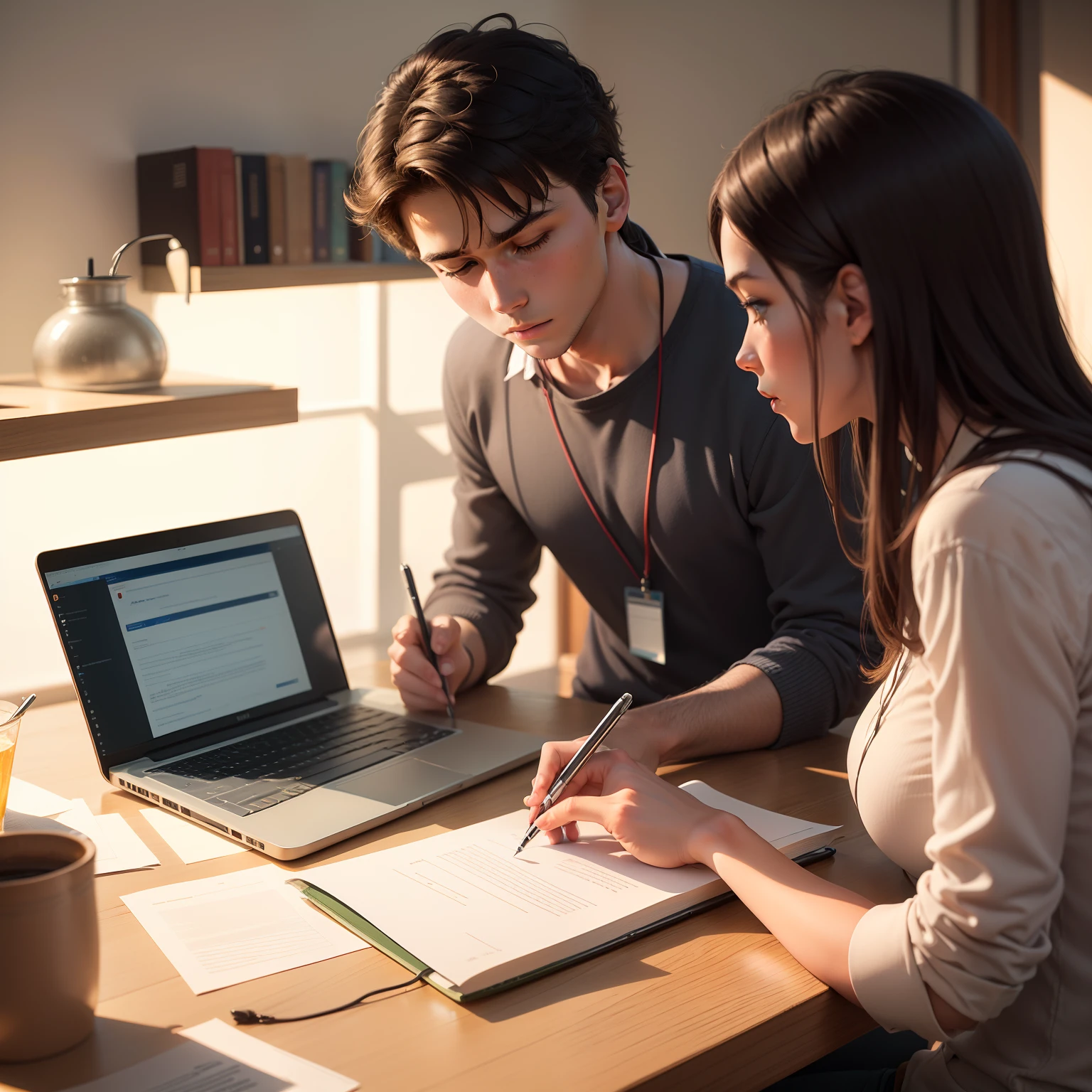 Craft an image that portrays a male student conducting research with laptop, properly citing sources, and presenting their original work, highlighting the significance of avoiding plagiarism and maintaining academic integrity.