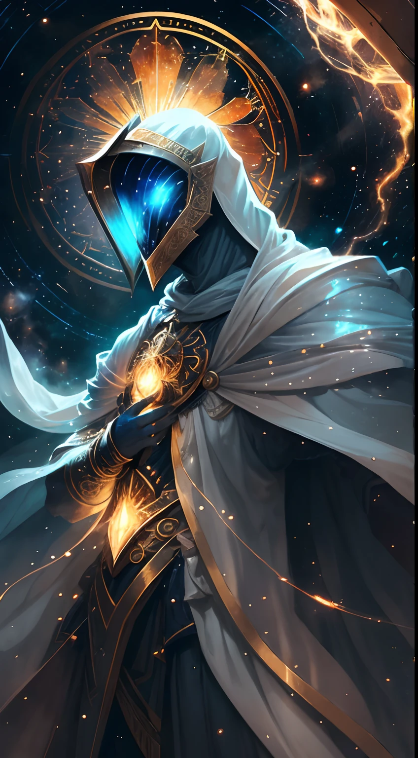 Striking illustration of the guardian of light, A celestial and ethereal figure that guards the threshold of light. His presence is splendid and powerful., con alas inmensas que se extienden hacia el horizonte y una mirada penetrante que transmite serenidad y respeto.espada.en la mano reluciente, armadura resplandeciente,In the background he uses warm white and gold tones and deep shadows to emphasize his ethereal nature and his connection to the realm of light.........(warm lighting), ( divine lighting),(celestial lighting)