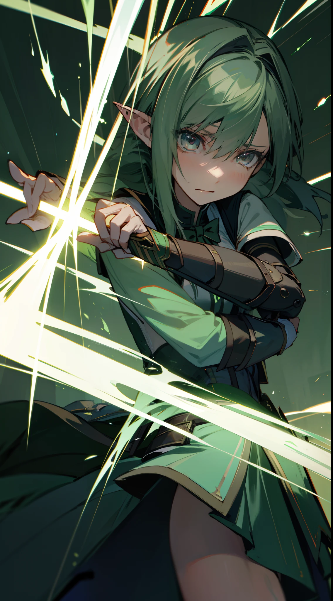 Otherworld swords and magic,multiple females,There are white-haired humans and green-haired long-eared elves,battleground background,preparing to fight,Triangular composition,The expression is solemn,There is the Tyndall effect