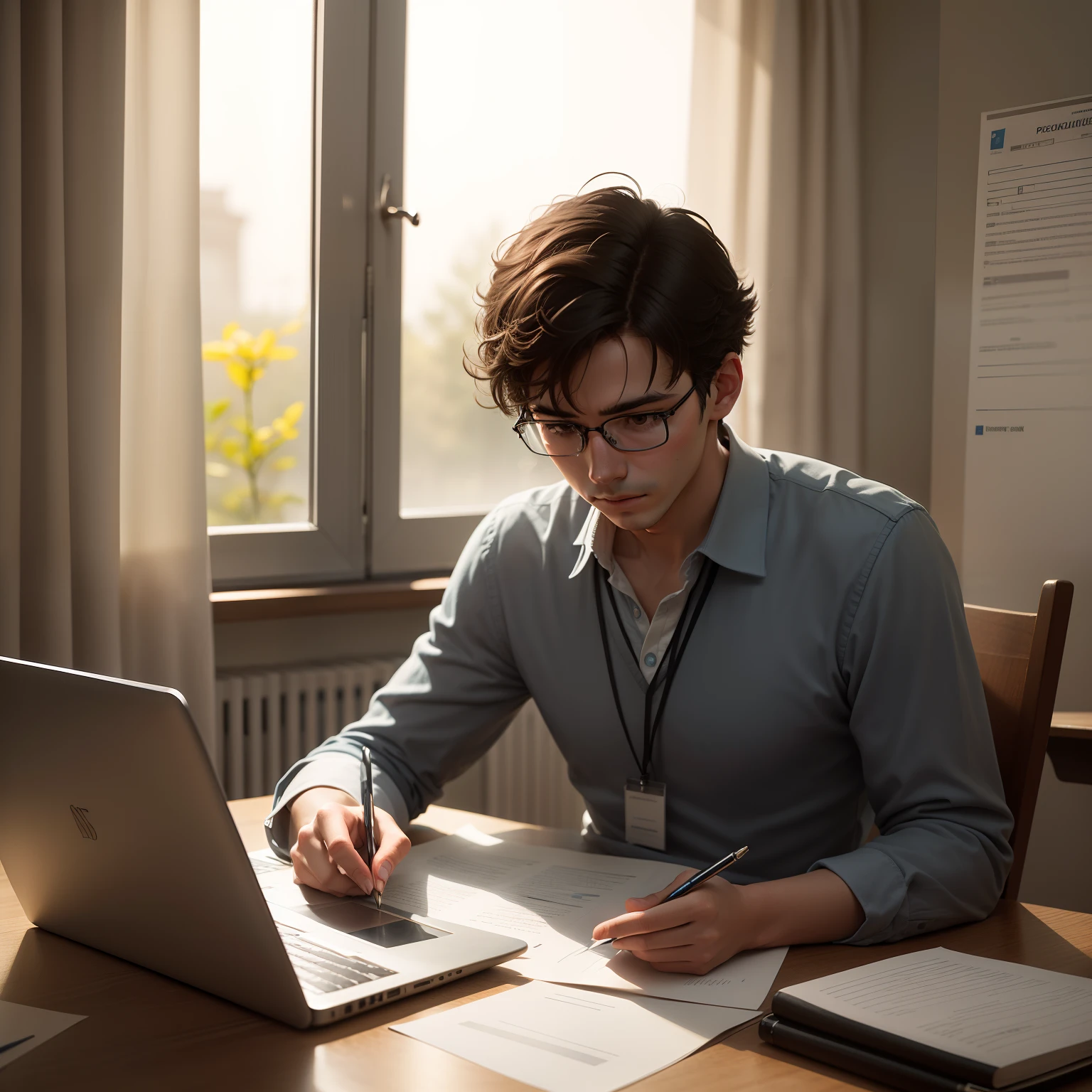 Craft an image that portrays a male student conducting research with laptop, properly citing sources, and presenting their original work, highlighting the significance of avoiding plagiarism and maintaining academic integrity.