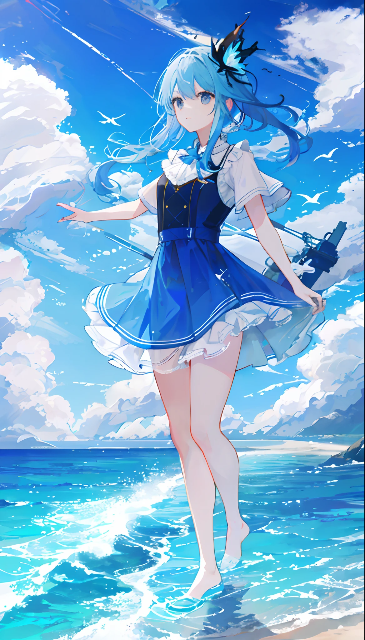 A beautiful blue sky and ocean, visually apealing and a tornado in the ocean