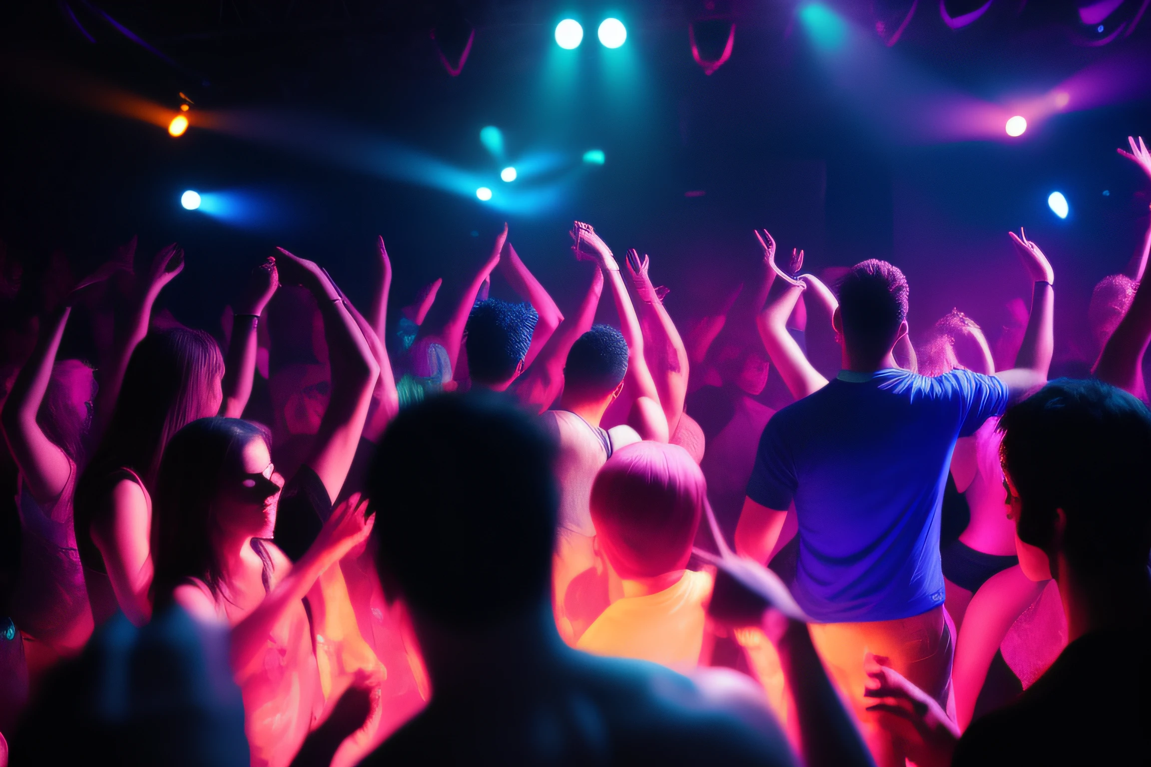 a person々Dancing hands in the air in a nightclub, Party atmosphere, Nightclubs and neon lights, rave party, in the nightclub, Inspired by the dances of Ibiza's nightclubs, Many partygoers, In Rave, Party people in the background々々, Rave scene, Inspired by nightclub dances, Dance Club Rave, 「House music rave reviews with dancers, nightclubs, vibrant atmosphere