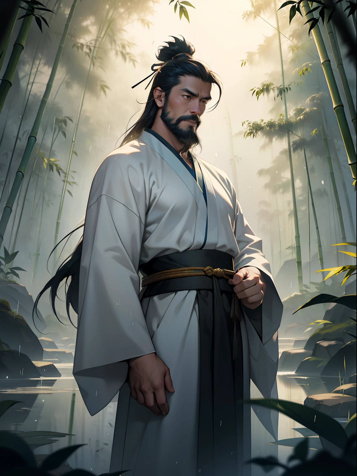 Deep in the bamboo forest, Chinese Ancient Times，raining day, A middle-aged male, 50yearsold, With a beard，long whitr hair，emaciated，dressed white hanfu, Standing in a bamboo forest, A hand touched his beard，Place one hand behind your back，look up to，Quiet, Cinematic lighting, in a panoramic view, Masterpiece, ccurate, Super detail, Award-Awarded, Best quality