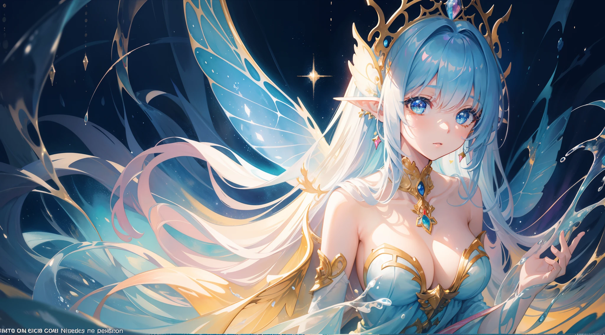 masterpiece, best quality, sharp focus, 8k, intricately detailed environment, anime, watercolor illustration, colorful, bright colors, whimsical, glowing lights, liquid otherworldly, fairy lights, beautiful girl in flowing liquid glowing dress, perfect face, golden ratio, sparkling eyes, watercolor, liquid light, angel wings