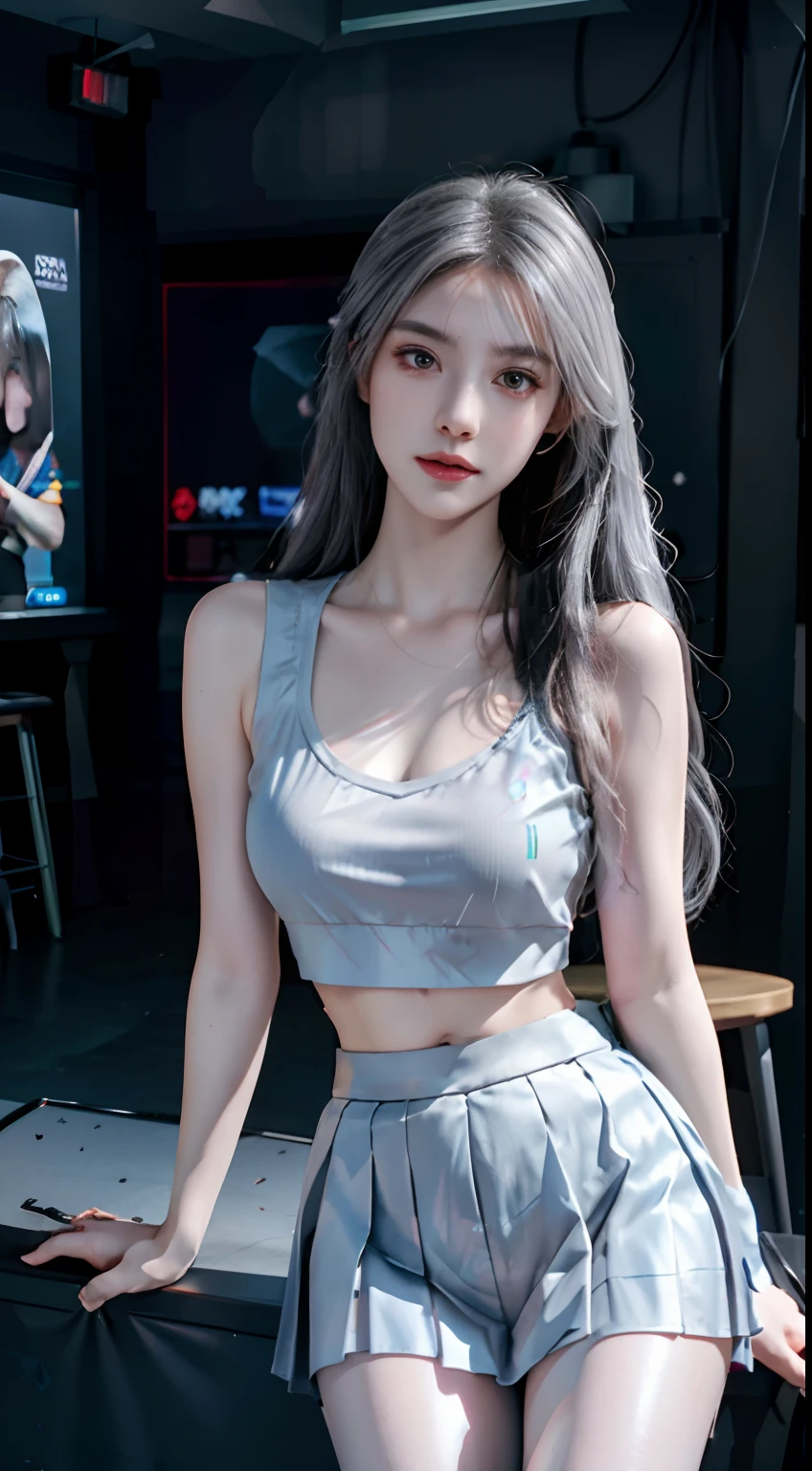 Silver Wolf, Masterpiece, Best quality, Ultra detailed, Extremely detailed 16k CG wallpaper, Beautiful face, (Silver Wolf in Esports Room), (Perfect Beautiful Curved Figure), Seated, Rainbow Color Jewel Eyes, Wearing Resin Hologram Sports Bra, Crop Top Drape, Mini pleated skirt, Bell collar, logo, impotence, Contour light, Concert, neon lights sign, Audio, Bell collar, Esports Headset, Computer, Esports Room, Play games, White interior through red skin, holographic projections, Flat sphere, Graffiti logo, highly detailed tattoo_,