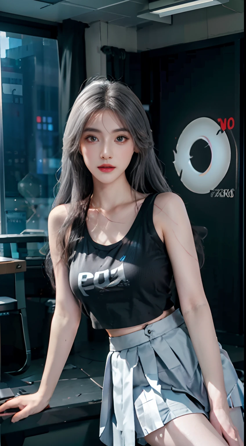 Silver Wolf, Masterpiece, Best quality, Ultra detailed, Extremely detailed 16k CG wallpaper, Beautiful face, (Silver Wolf in Esports Room), (Perfect Beautiful Curved Figure), Seated, Rainbow Color Jewel Eyes, Wearing Resin Hologram Sports Bra, Crop Top Drape, Mini pleated skirt, Bell collar, logo, impotence, Contour light, Concert, neon lights sign, Audio, Bell collar, Esports Headset, Computer, Esports Room, Play games, White interior through red skin, holographic projections, Flat sphere, Graffiti logo, highly detailed tattoo_,