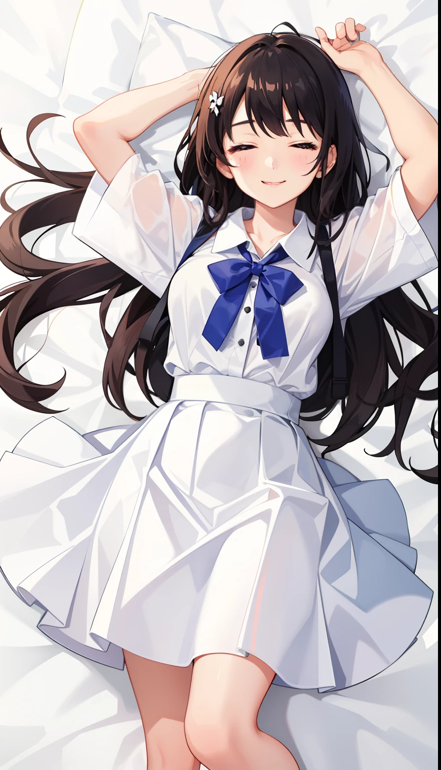 1girl in、A smile、A delightful! The shirt、pleatedskirt、White skirt、(small tits)Sleeping in large letters、