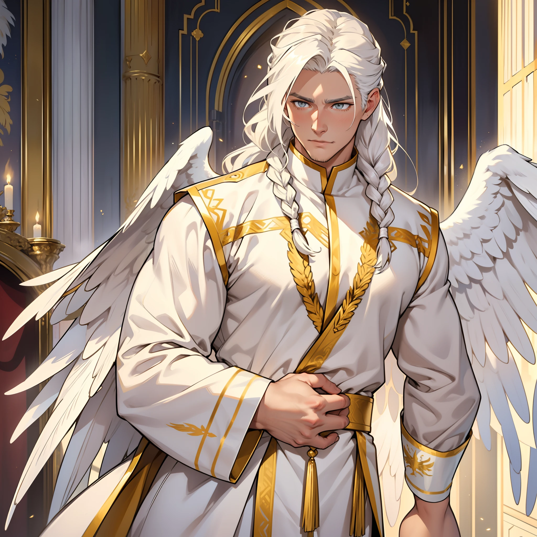 Handsome male. Long white hair. Golden eyes. Roman nose. Shy look. Soft doe eyes. Ecstasy expression. Royal white and gold attire. Huge white wings. Bulge in pants. White Phoenix. Shy. Shy. Braided hair. Bara male. Detailed body. Drooling. Begging.